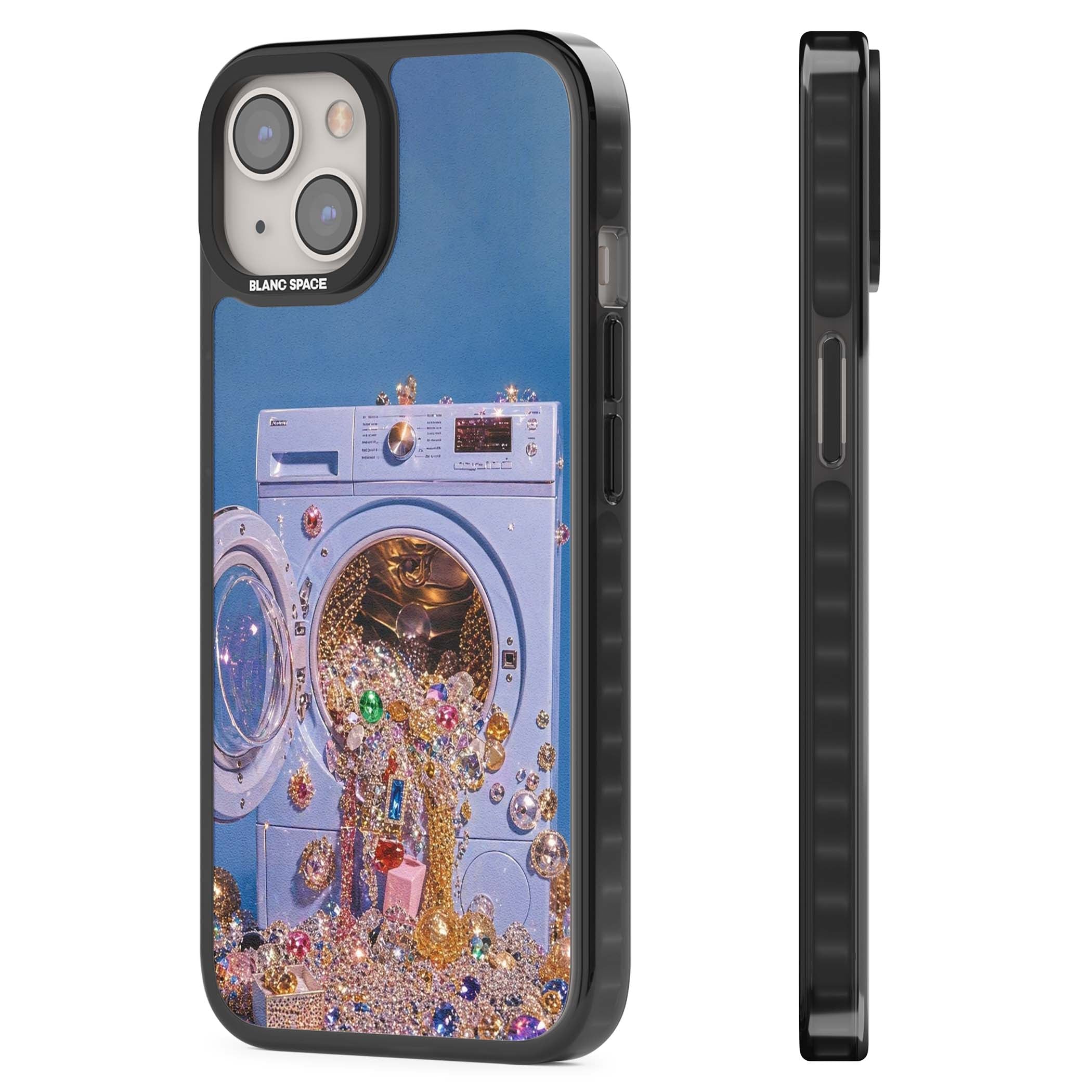 Gem Laundry baddie iPhone case featuring a surreal washing machine overflowing with colourful gemstones and crystals | Black Impact Magsafe case for iPhone 13, iPhone 14, iPhone 15