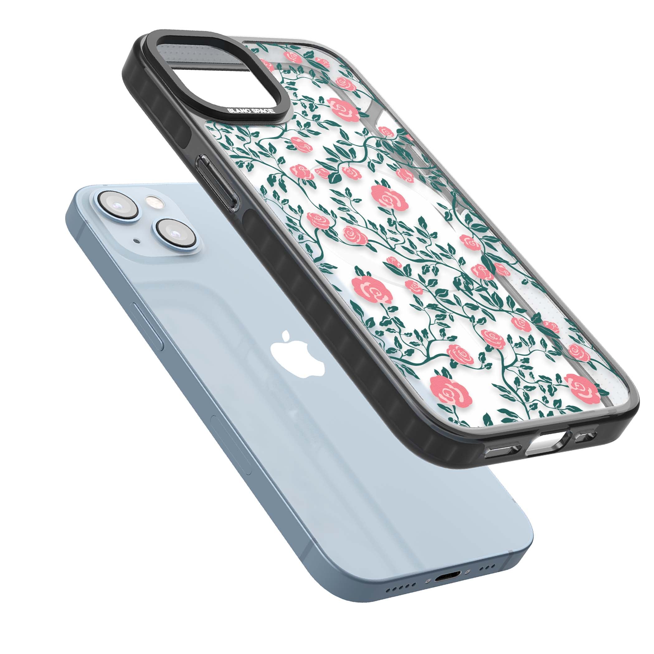 Rose Trellis (Clear) cottagecore iPhone case featuring pink climbing roses and green leaves on clear background | Black Impact Magsafe case for iPhone 13, iPhone 14, iPhone 15