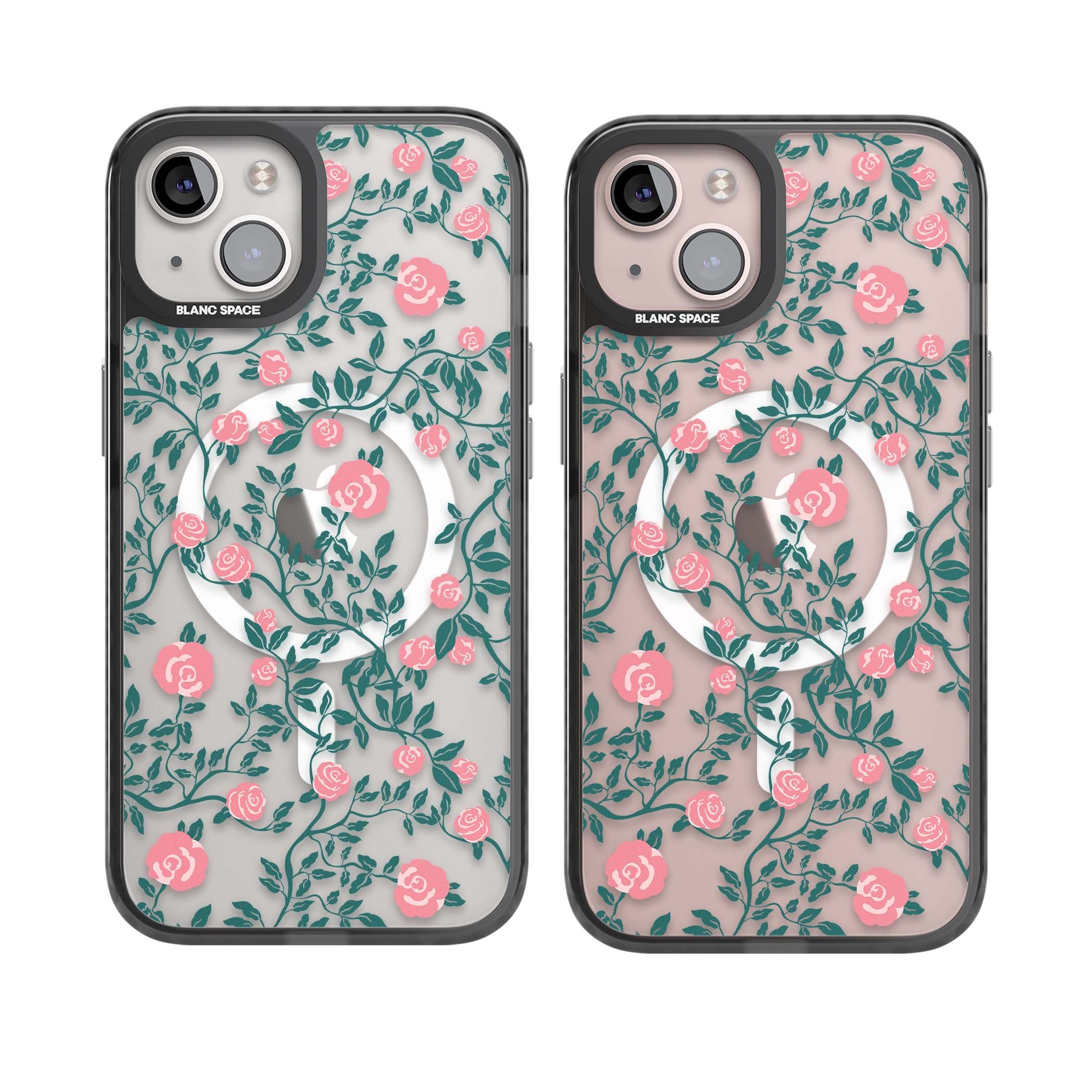 Rose Trellis (Clear) cottagecore iPhone case featuring pink climbing roses and green leaves on clear background | Black Impact Magsafe case for iPhone 13, iPhone 14, iPhone 15