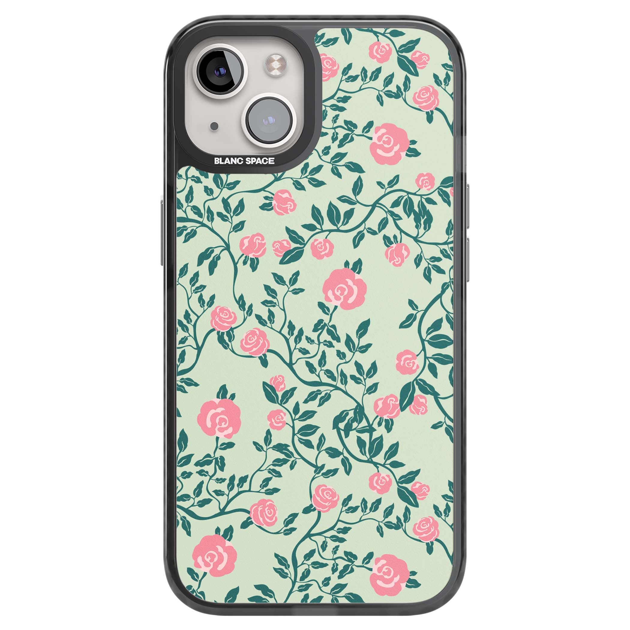 Rose Trellis cottagecore iPhone case featuring pink roses, sage green vines, and mint background | Black Impact Magsafe case for iPhone 13, iPhone 14, iPhone 15
