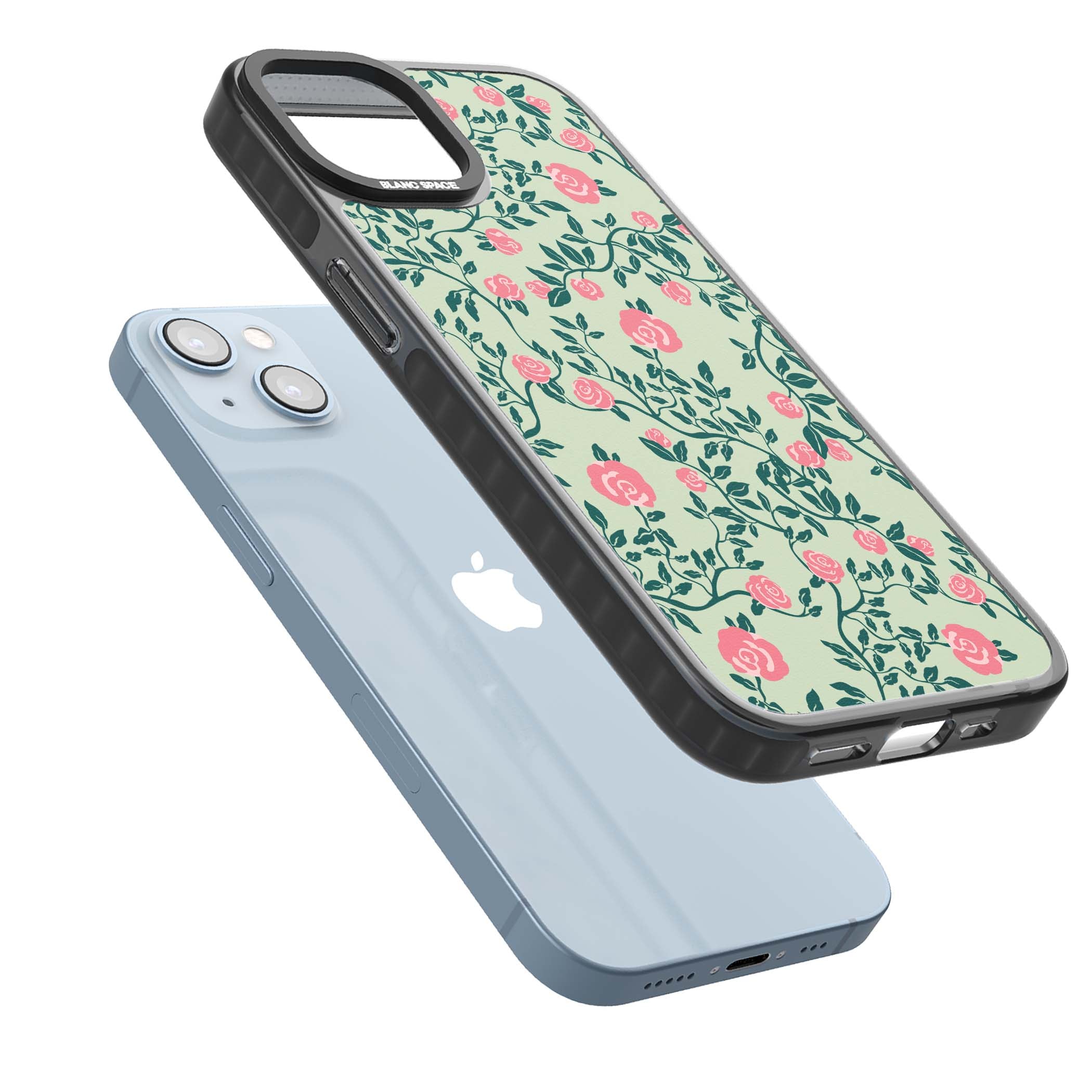 Rose Trellis cottagecore iPhone case featuring pink roses, sage green vines, and mint background | Black Impact Magsafe case for iPhone 13, iPhone 14, iPhone 15