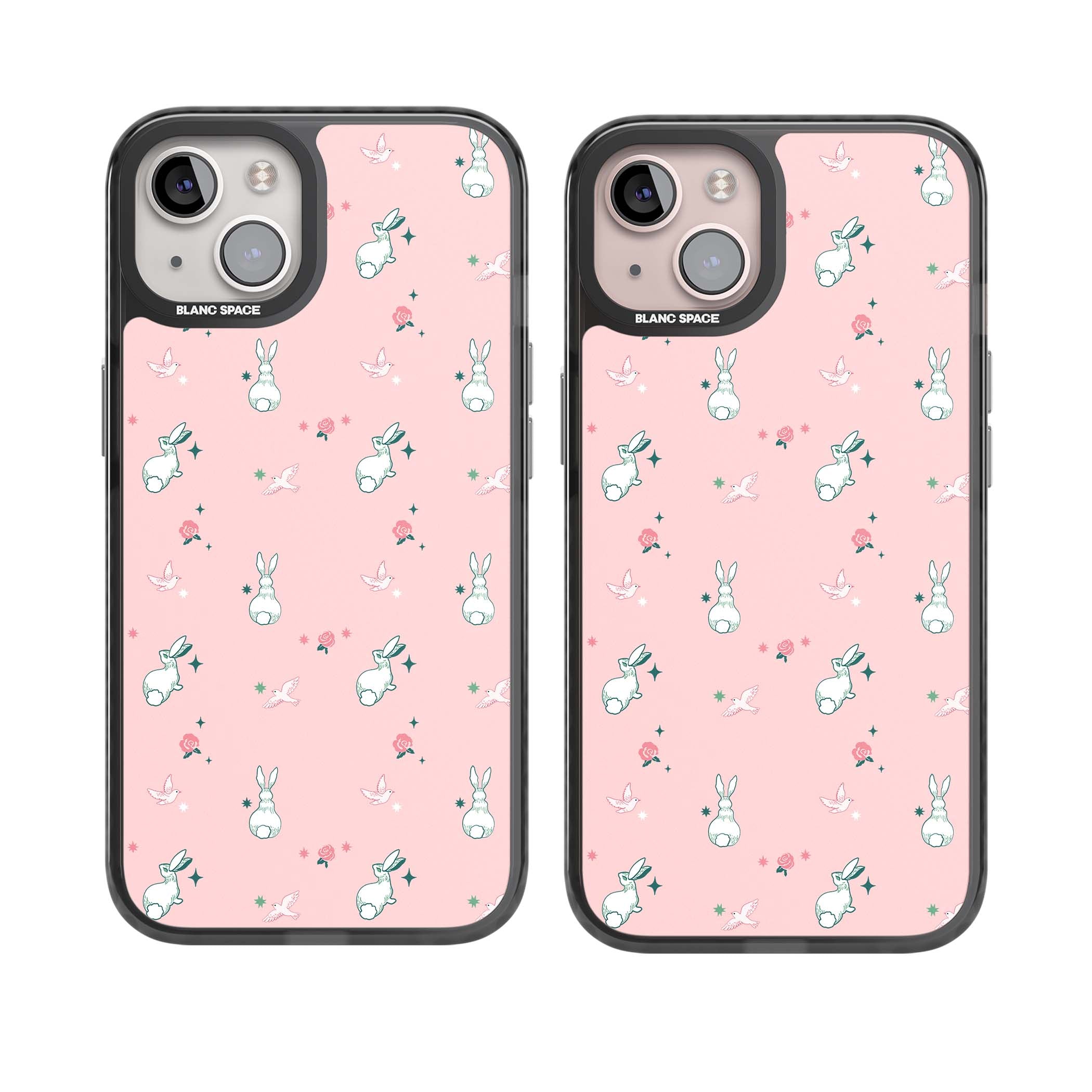Bunny Garden kawaii iPhone case featuring white rabbits, pink roses, doves and stars on pink background | Black Impact Magsafe case for iPhone 13, iPhone 14, iPhone 15