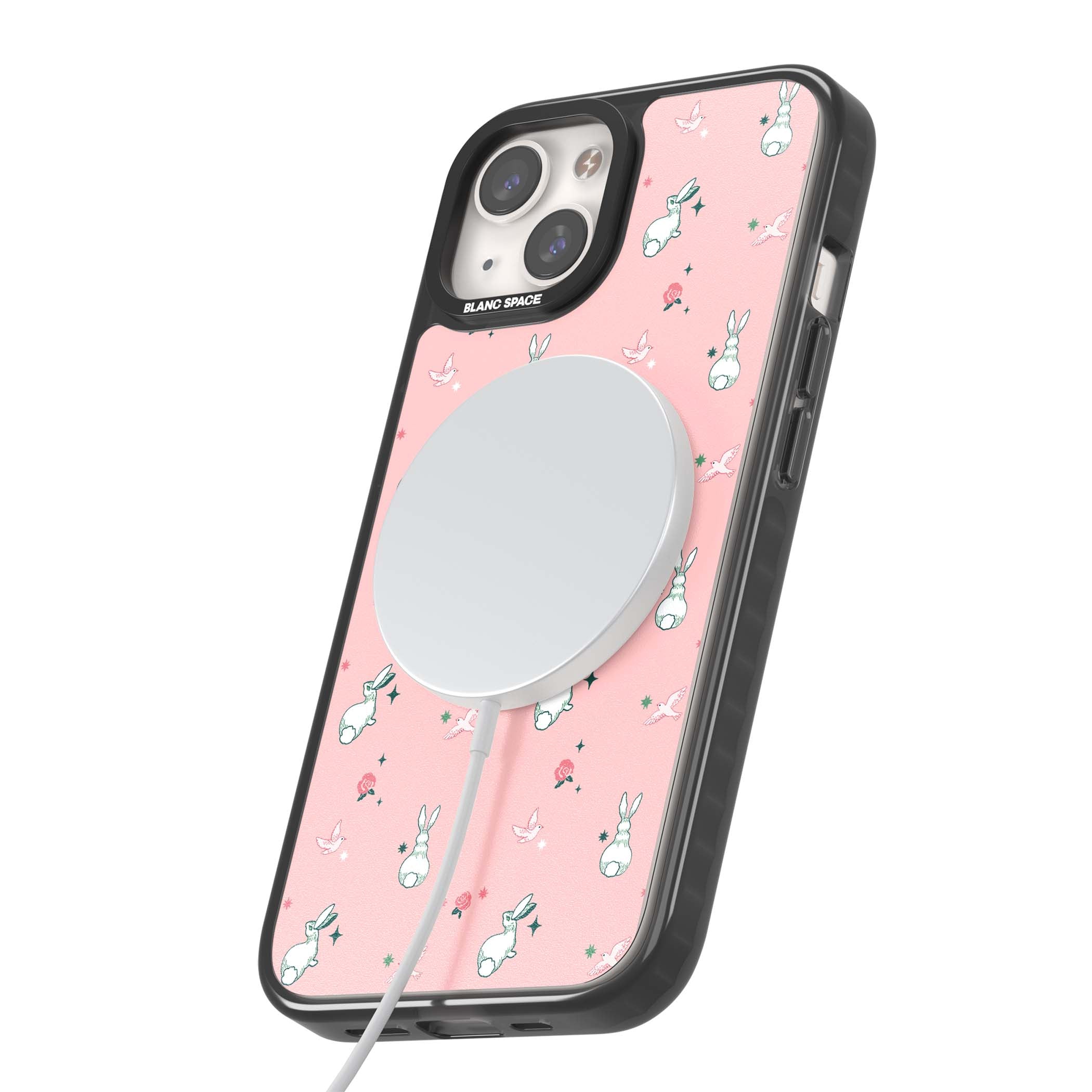 Bunny Garden kawaii iPhone case featuring white rabbits, pink roses, doves and stars on pink background | Black Impact Magsafe case for iPhone 13, iPhone 14, iPhone 15