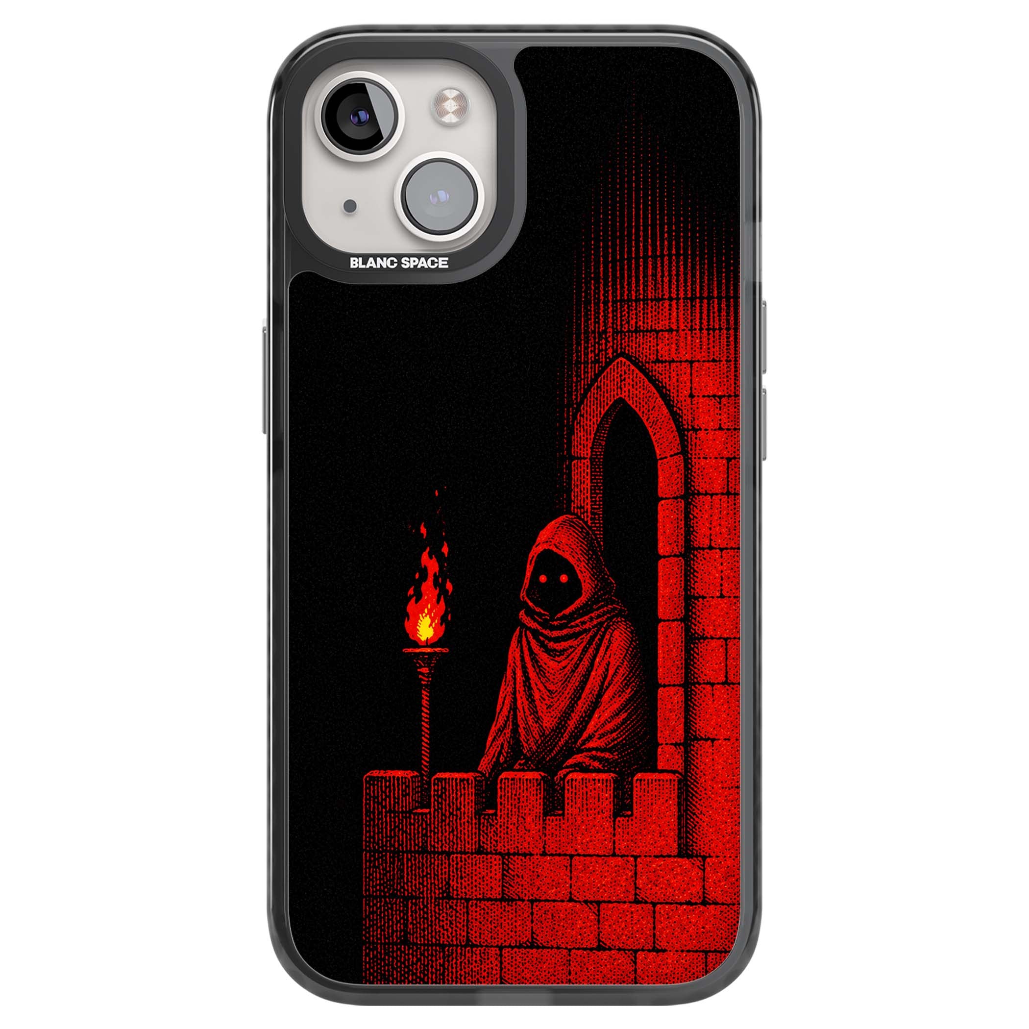 Crimson Crypt gothic iPhone case featuring a hooded reaper, torchlit crypt archway and red halftone horror art | Black Impact Magsafe case for iPhone 13, iPhone 14, iPhone 15