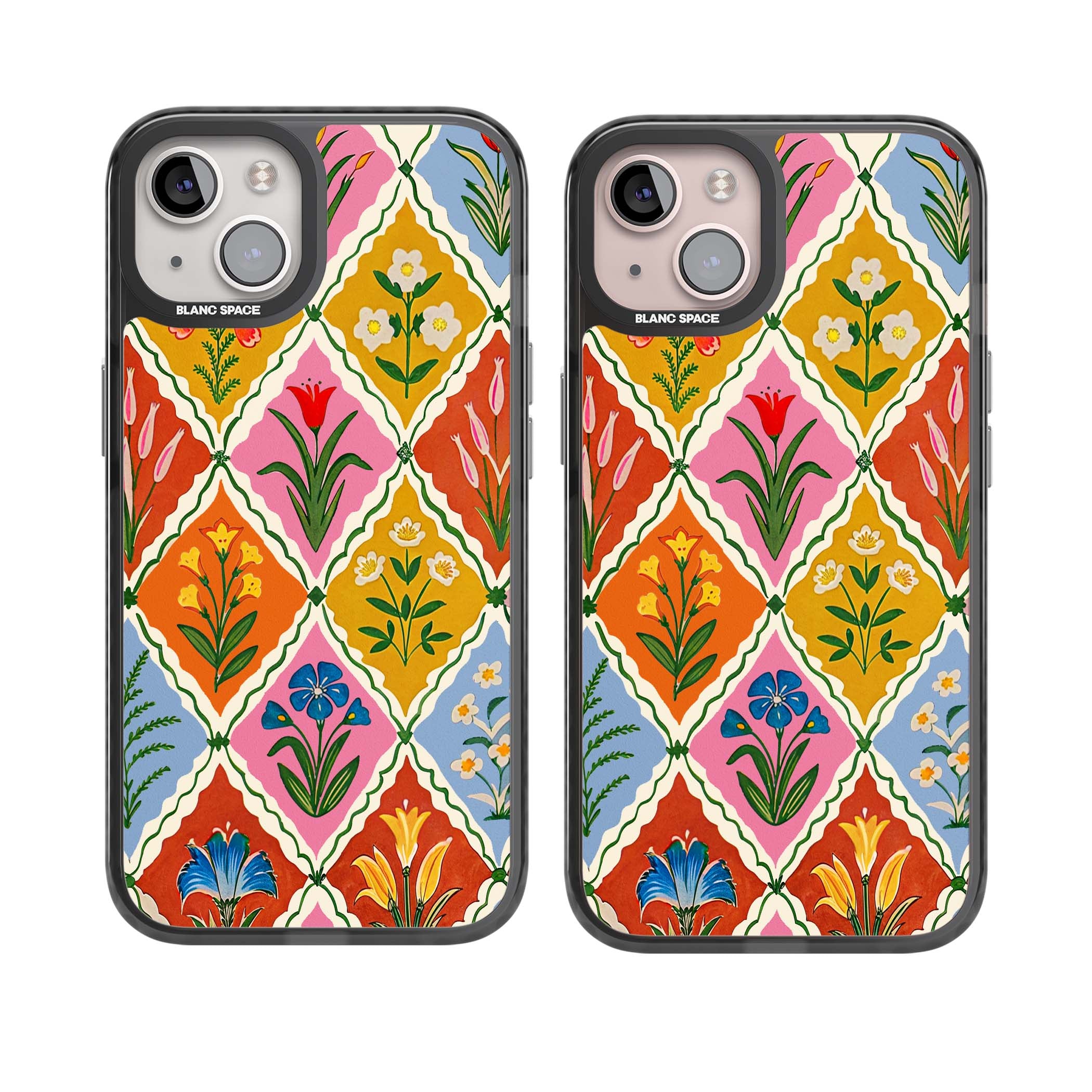 Floral Quilt boho floral iPhone case featuring diamond lattice pattern, hand-painted tulips and folk art wildflowers | Black Impact Magsafe case for iPhone 13, iPhone 14, iPhone 15