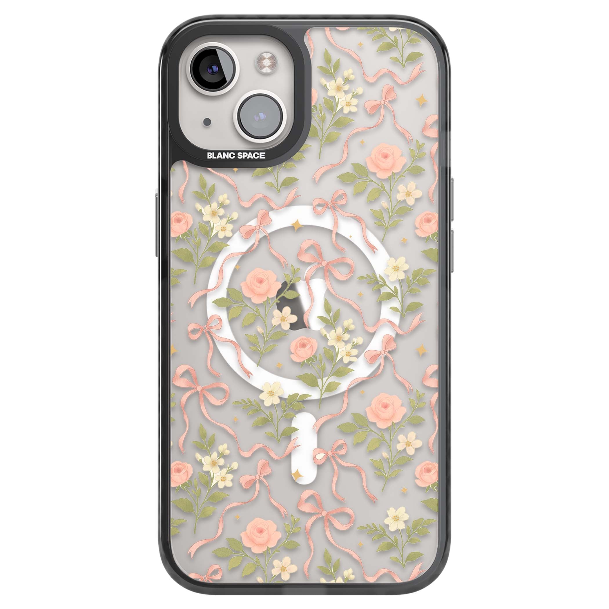 Ribbon Garden coquette iPhone case featuring pink bows, peach roses and wildflowers on white background | Black Impact Magsafe case for iPhone 13, iPhone 14, iPhone 15