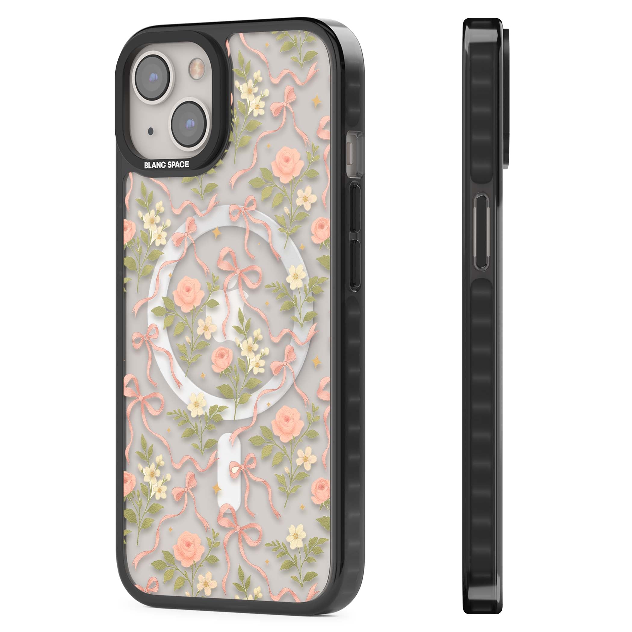 Ribbon Garden coquette iPhone case featuring pink bows, peach roses and wildflowers on white background | Black Impact Magsafe case for iPhone 13, iPhone 14, iPhone 15