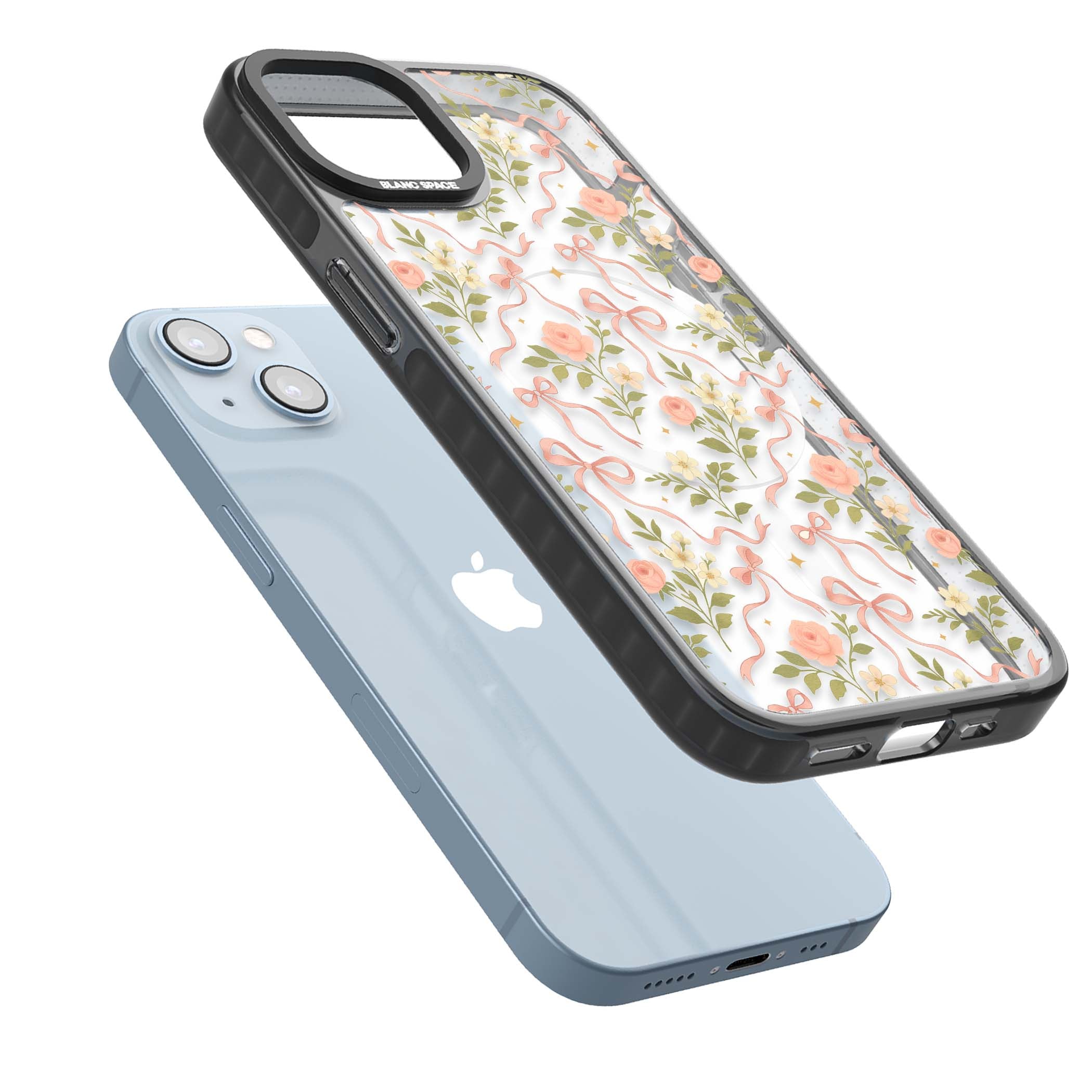 Ribbon Garden coquette iPhone case featuring pink bows, peach roses and wildflowers on white background | Black Impact Magsafe case for iPhone 13, iPhone 14, iPhone 15