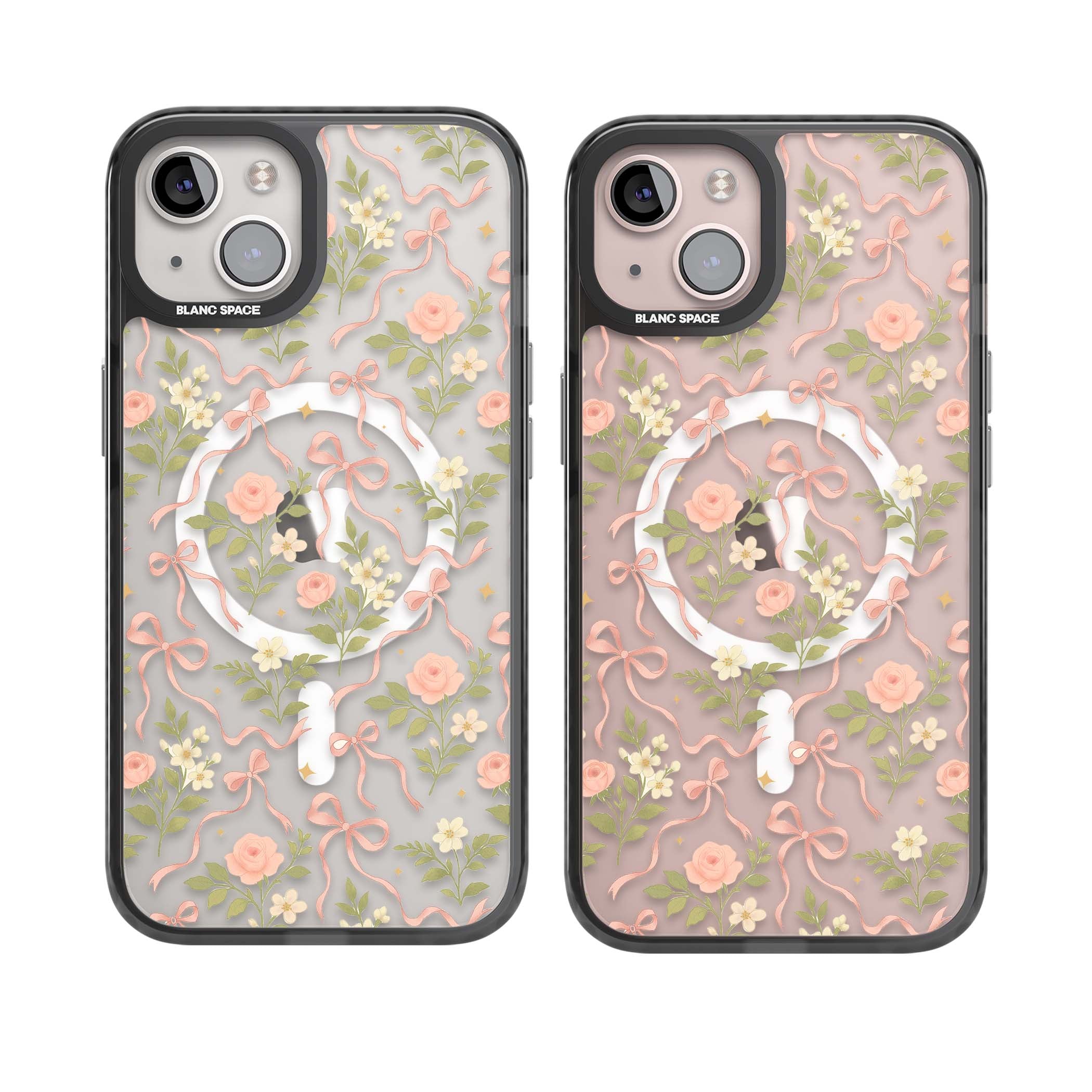 Ribbon Garden coquette iPhone case featuring pink bows, peach roses and wildflowers on white background | Black Impact Magsafe case for iPhone 13, iPhone 14, iPhone 15