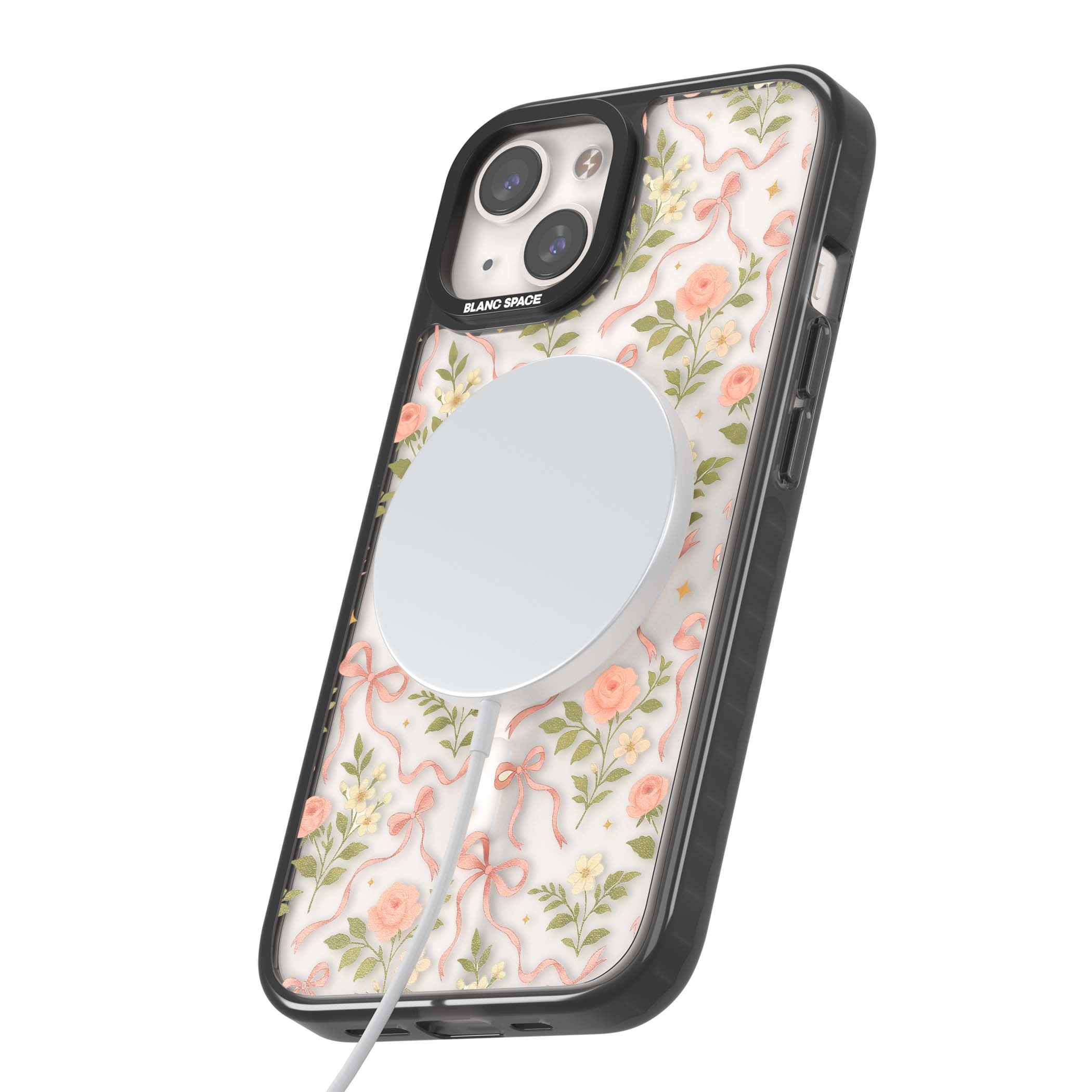 Ribbon Garden coquette iPhone case featuring pink bows, peach roses and wildflowers on white background | Black Impact Magsafe case for iPhone 13, iPhone 14, iPhone 15
