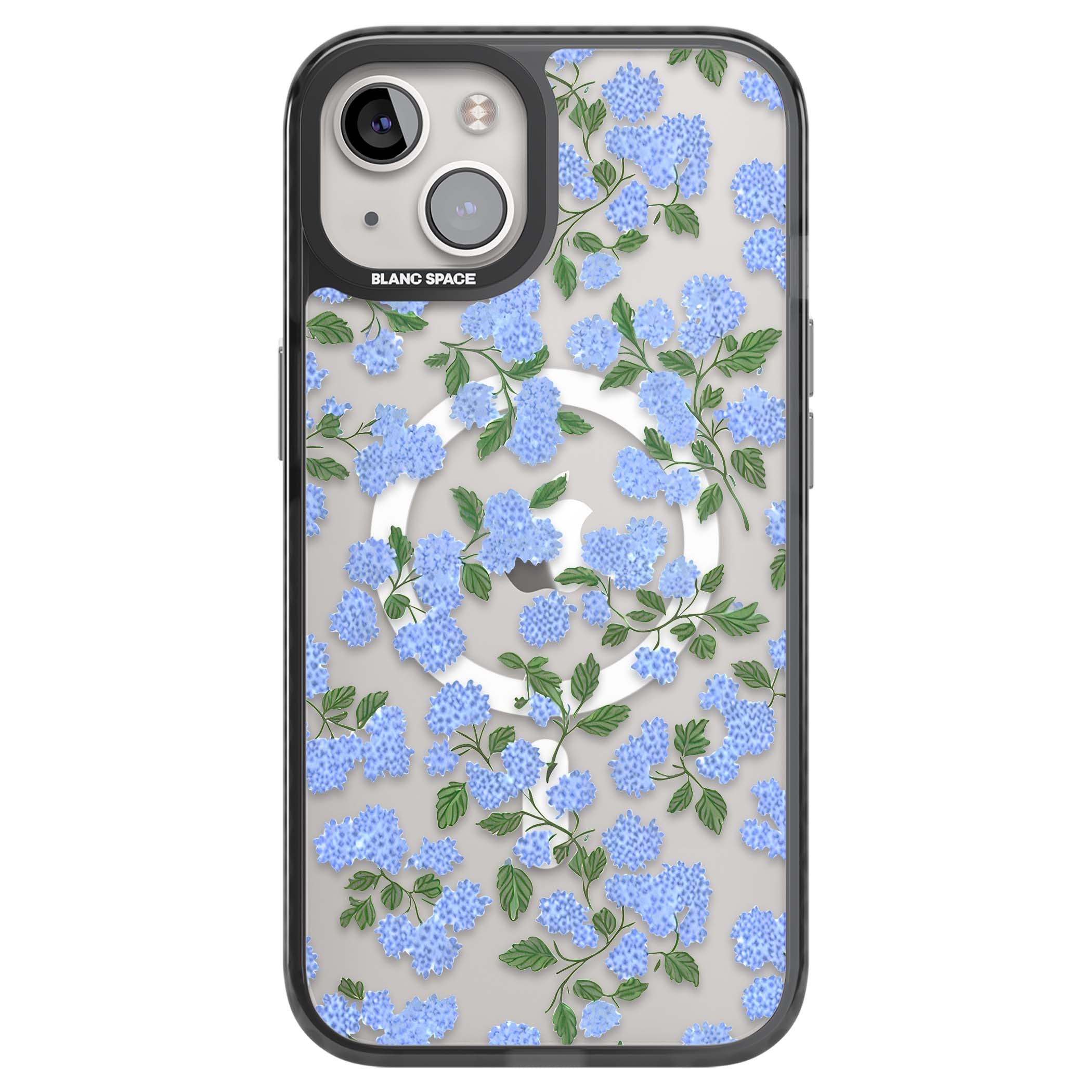 Hydrangea Dreams cottagecore iPhone case featuring soft blue hydrangea flower clusters and green leaves | Black Impact Magsafe case for iPhone 13, iPhone 14, iPhone 15