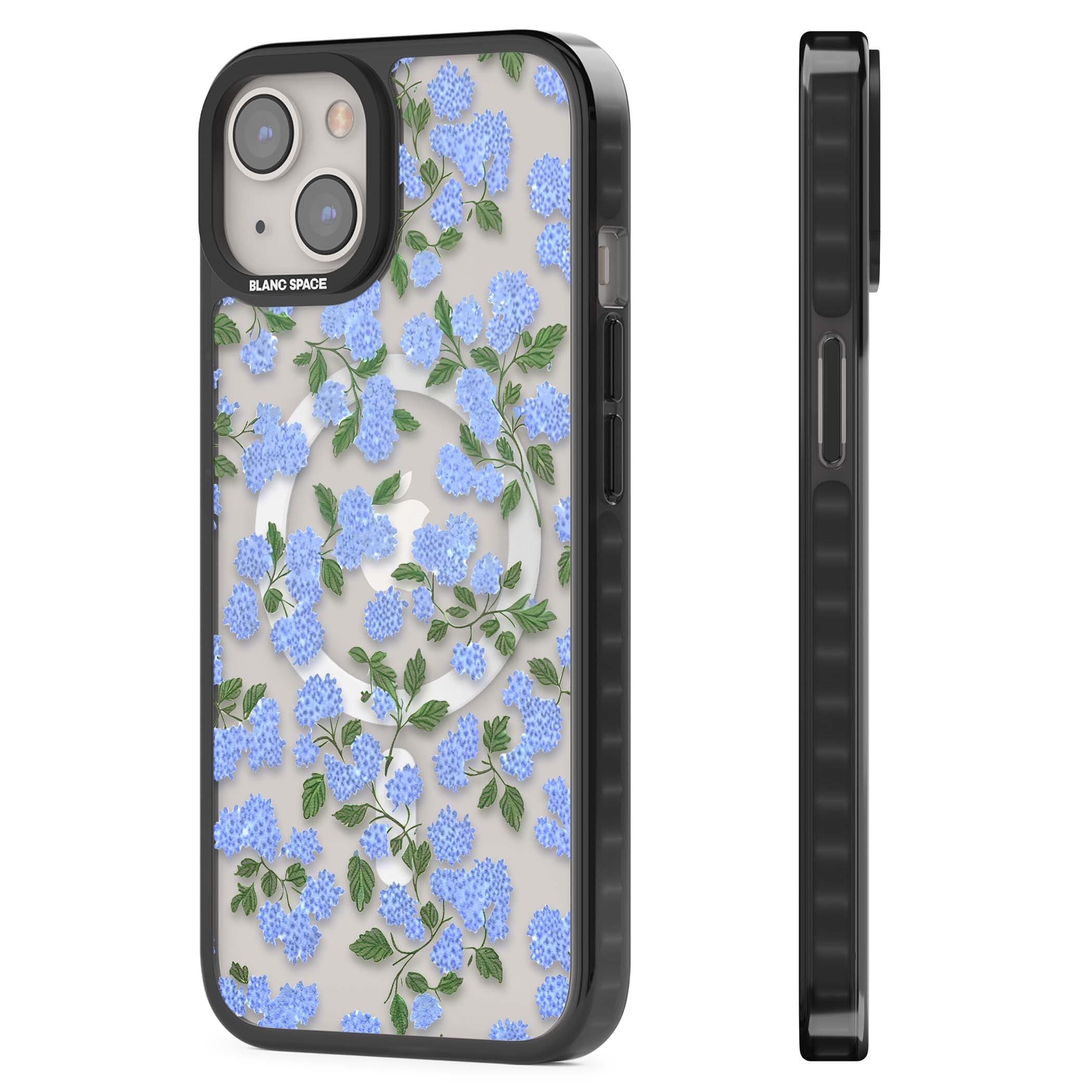 Hydrangea Dreams cottagecore iPhone case featuring soft blue hydrangea flower clusters and green leaves | Black Impact Magsafe case for iPhone 13, iPhone 14, iPhone 15
