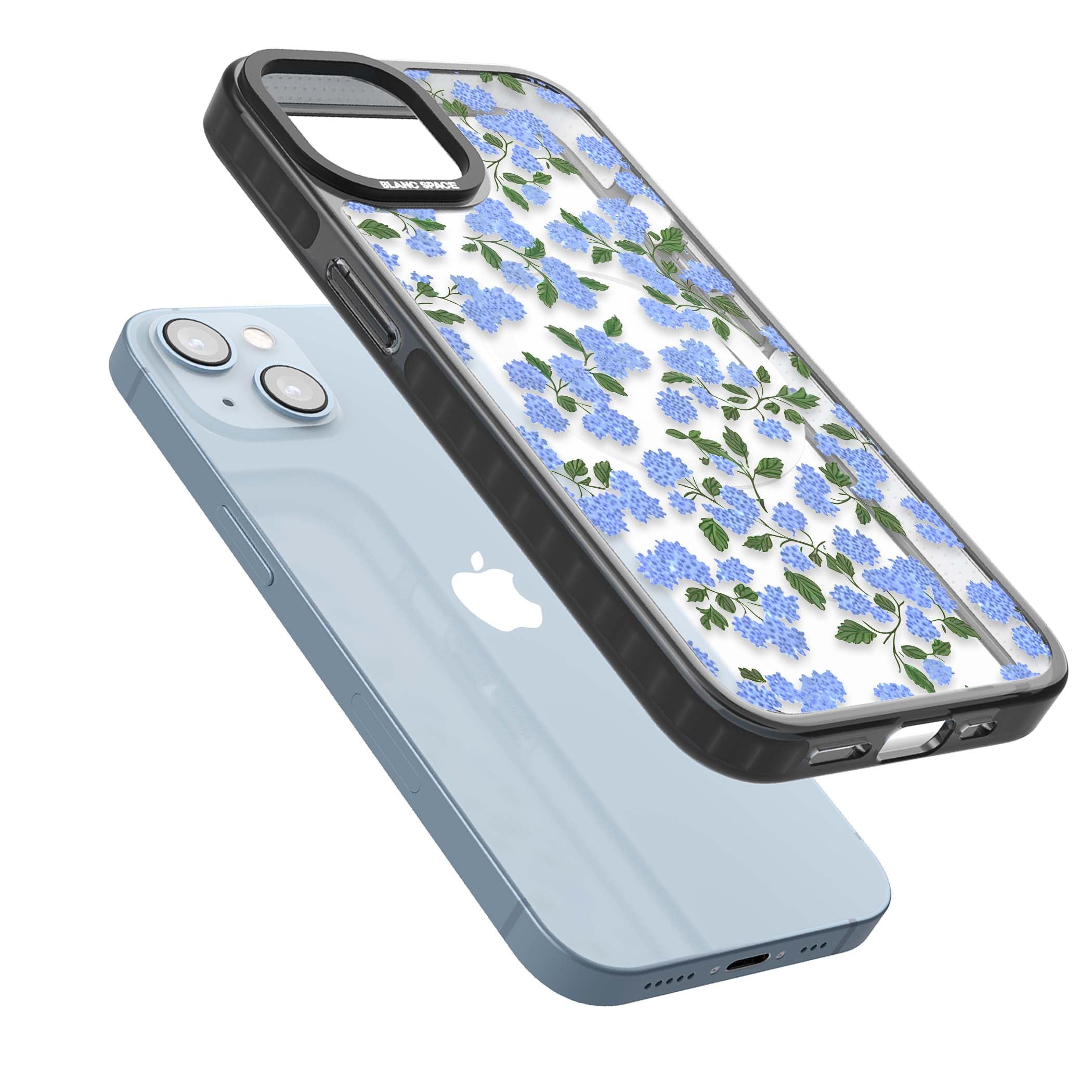 Hydrangea Dreams cottagecore iPhone case featuring soft blue hydrangea flower clusters and green leaves | Black Impact Magsafe case for iPhone 13, iPhone 14, iPhone 15