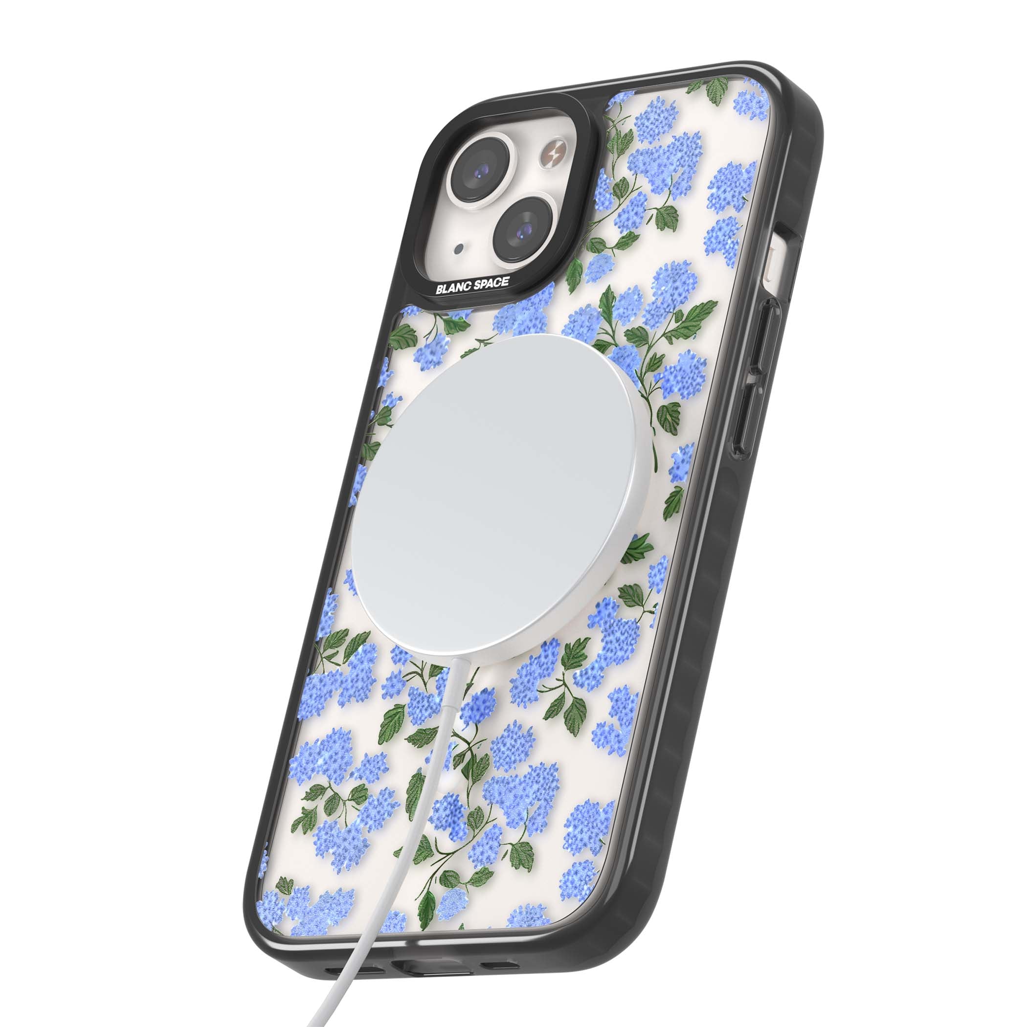 Hydrangea Dreams cottagecore iPhone case featuring soft blue hydrangea flower clusters and green leaves | Black Impact Magsafe case for iPhone 13, iPhone 14, iPhone 15