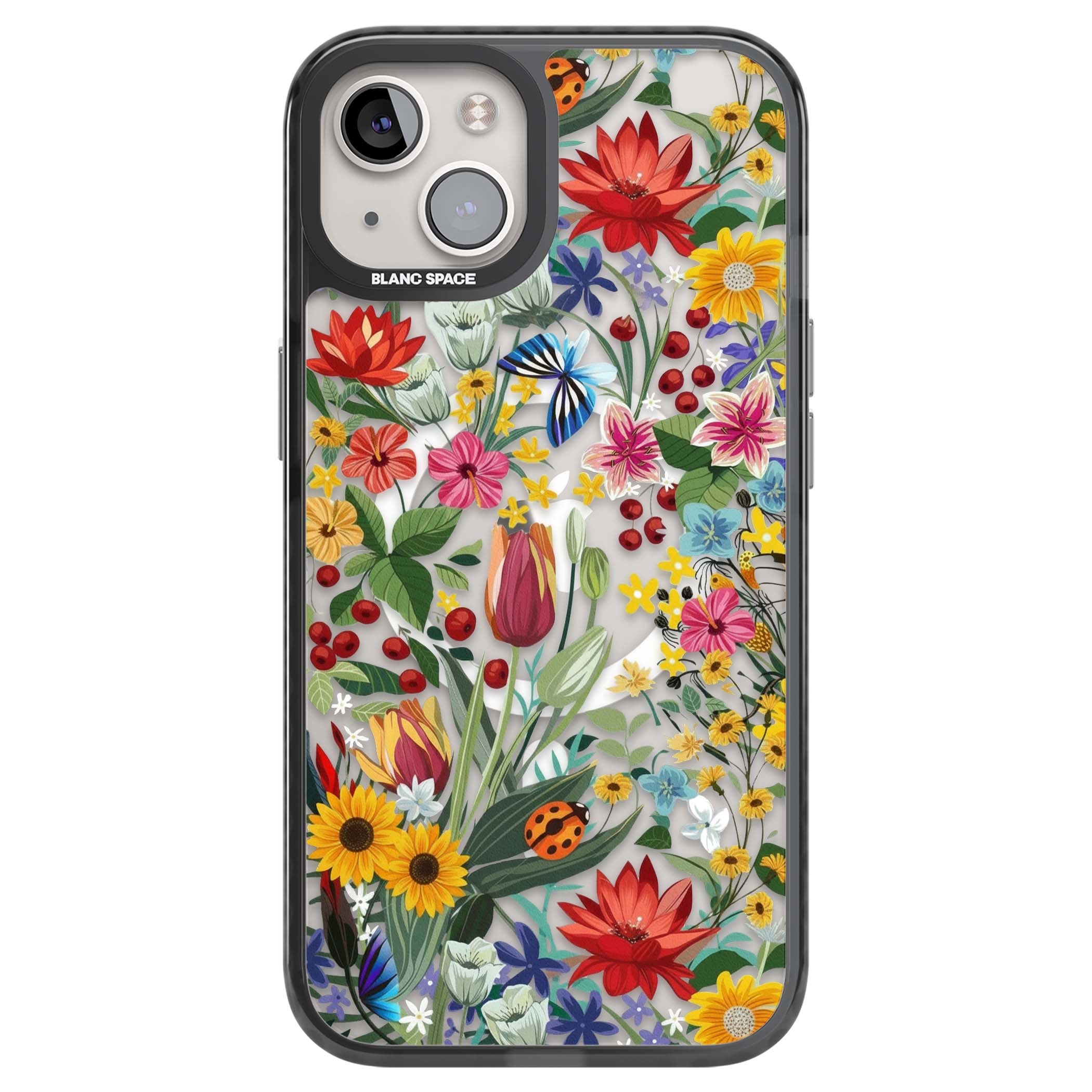 Botanical Bloom cottagecore iPhone case featuring colorful wildflowers, sunflowers, and ladybugs on clear background | Black Impact Magsafe case for iPhone 13, iPhone 14, iPhone 15
