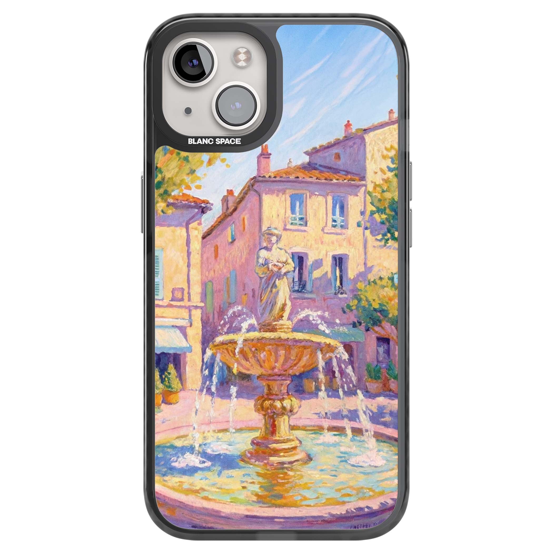 Fountain Square fine art iPhone case featuring an impressionist Provençal fountain, pastel village buildings and summe | Black Impact Magsafe case for iPhone 13, iPhone 14, iPhone 15