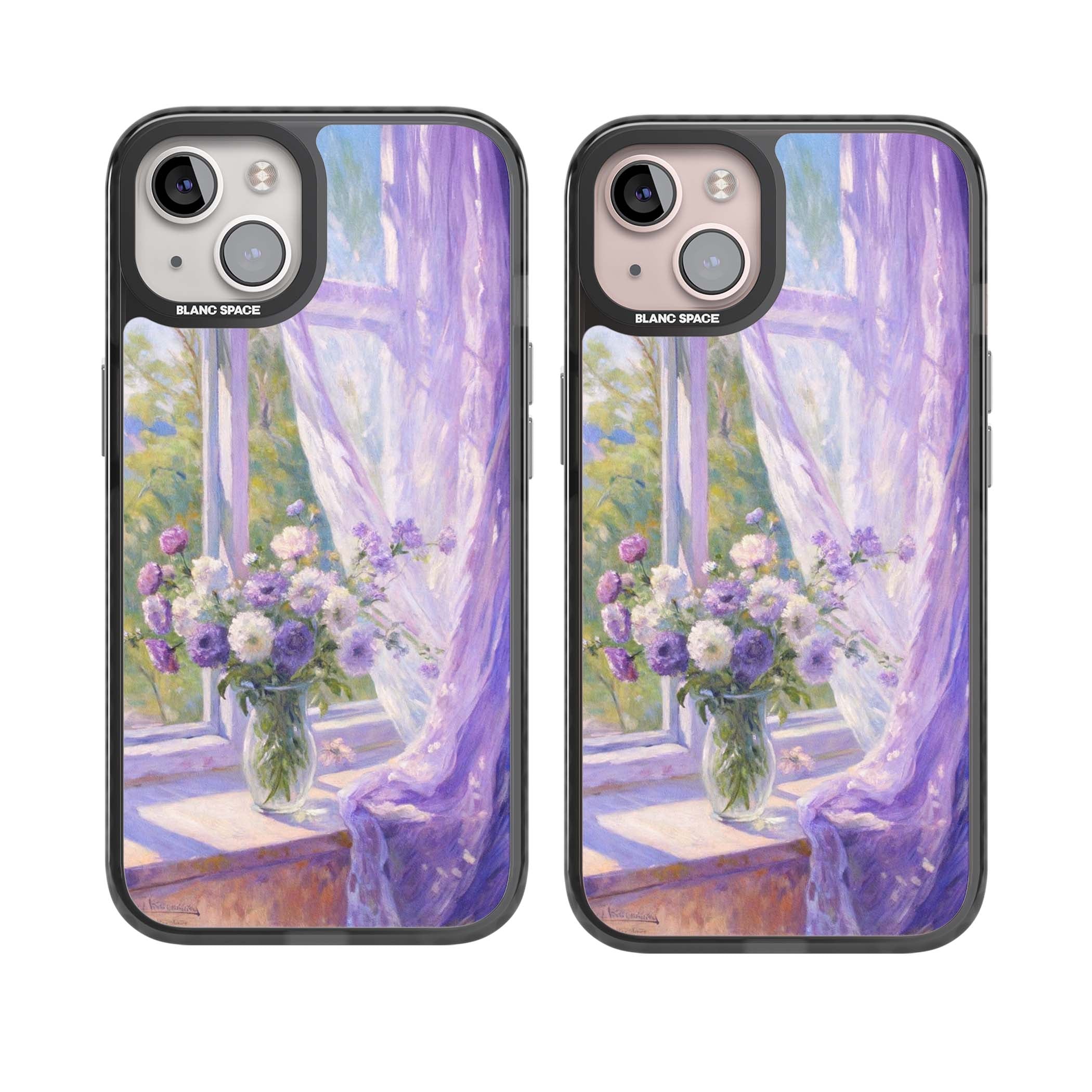 A Provence Morning impressionist art iPhone case featuring a vase of purple flowers, sunlit window and sheer curt | Black Impact Magsafe case for iPhone 13, iPhone 14, iPhone 15