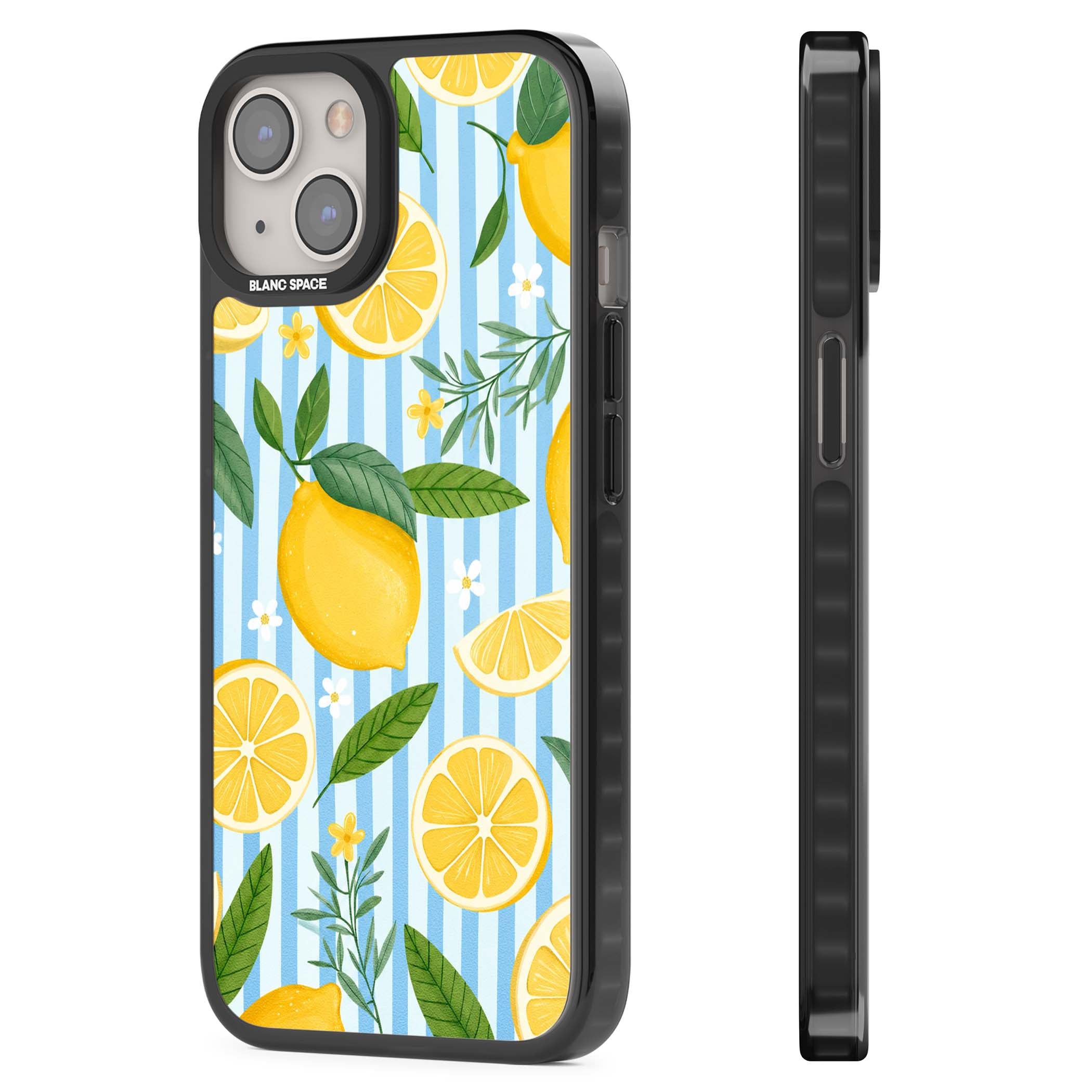 Capri Citrus Stripe coastal iPhone case featuring yellow lemons, blue stripes, and white daisy blossoms | Black Impact Magsafe case for iPhone 13, iPhone 14, iPhone 15