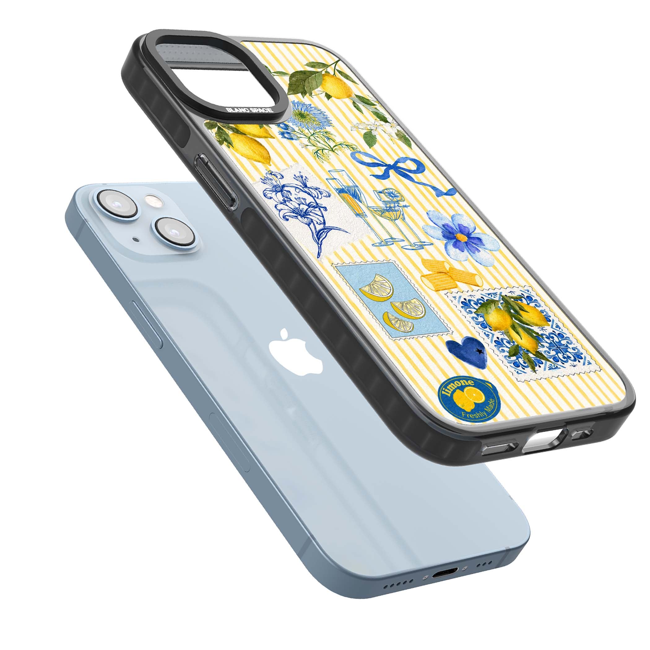 Limone Riviera Italian summer iPhone case featuring watercolour lemons, blue ribbon bows and majolica tile stamps on... | Black Impact Magsafe case for iPhone 13, iPhone 14, iPhone 15
