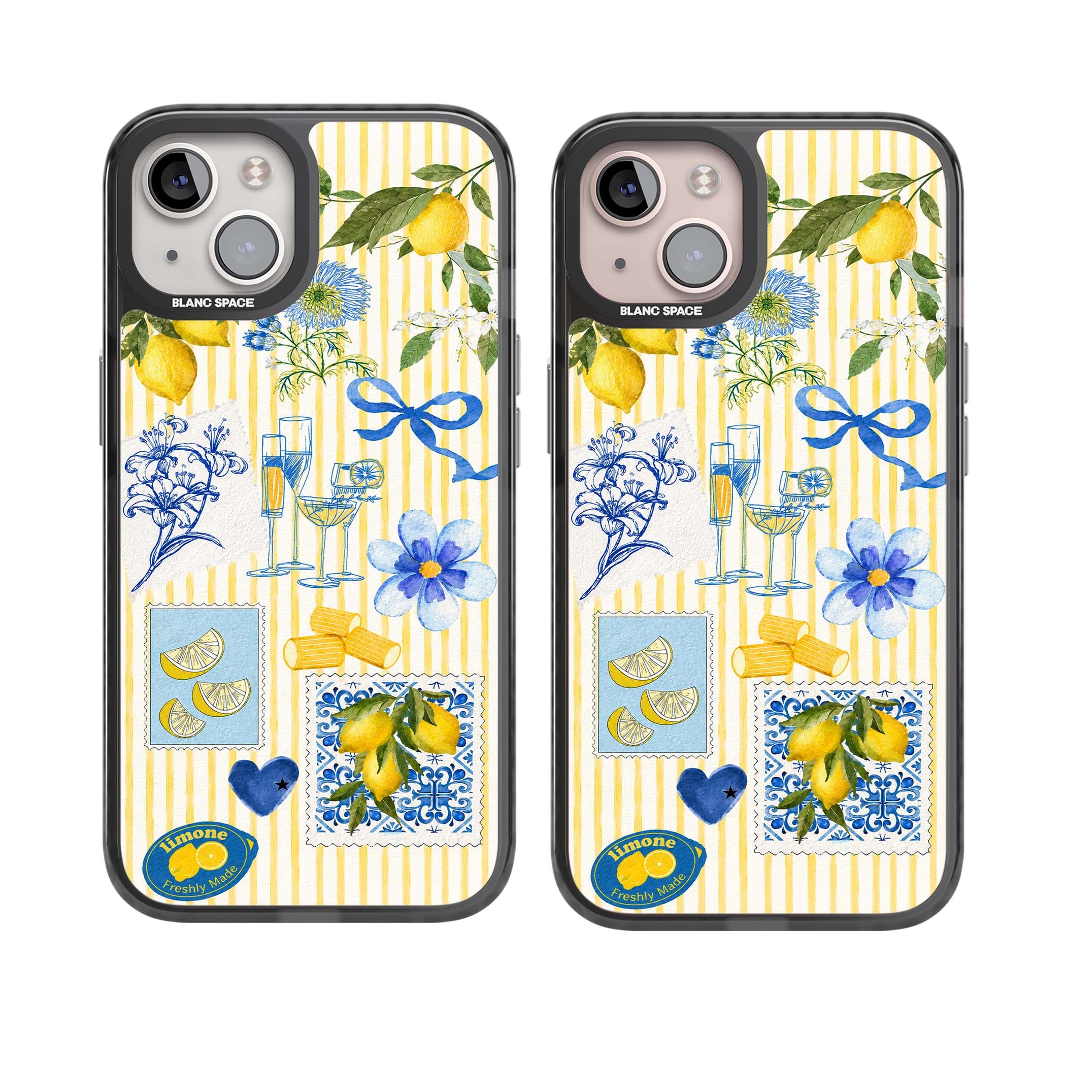 Limone Riviera Italian summer iPhone case featuring watercolour lemons, blue ribbon bows and majolica tile stamps on... | Black Impact Magsafe case for iPhone 13, iPhone 14, iPhone 15