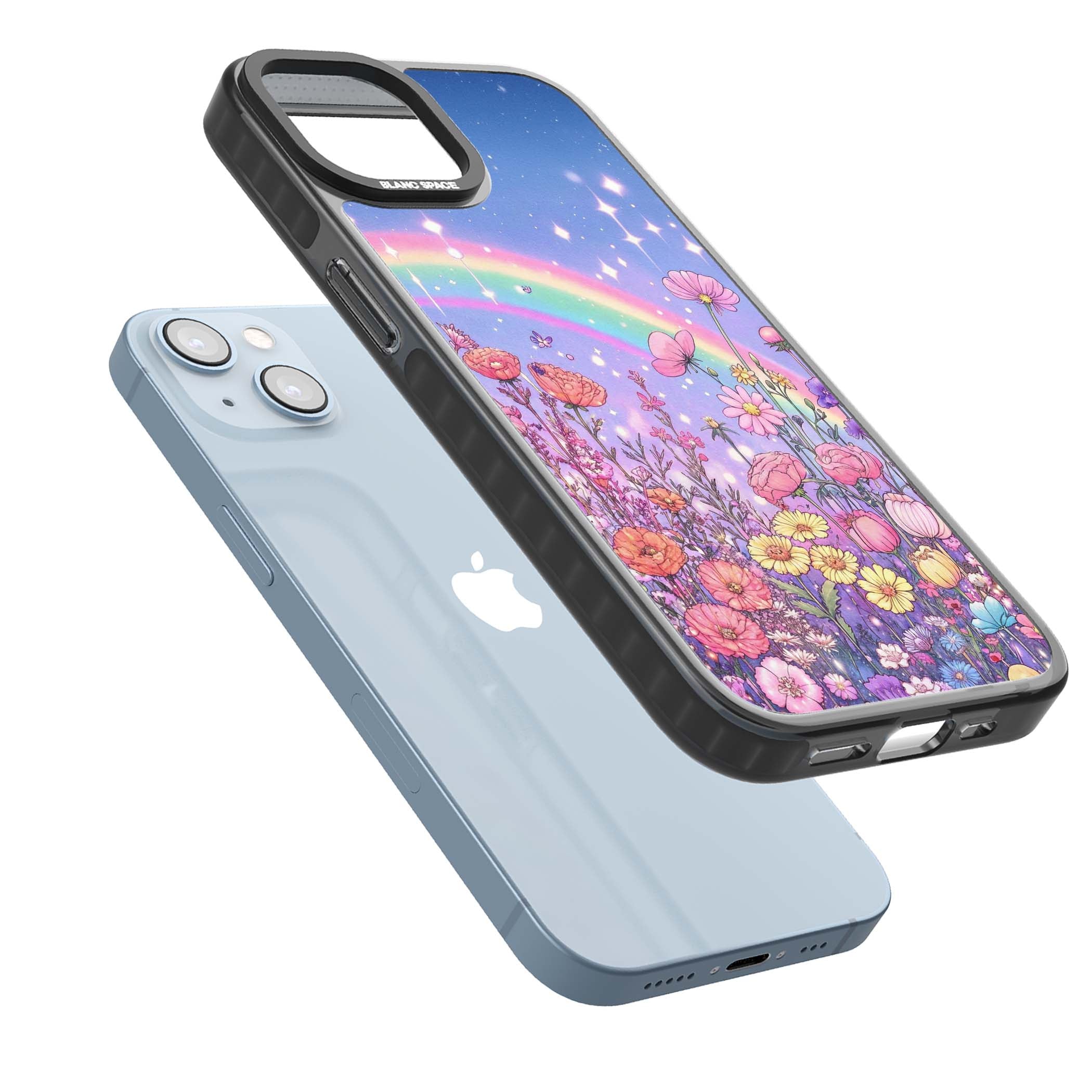 Magical Meadow fairycore iPhone case featuring a pastel rainbow, sparkling stars and a wildflower meadow | Black Impact Magsafe case for iPhone 13, iPhone 14, iPhone 15
