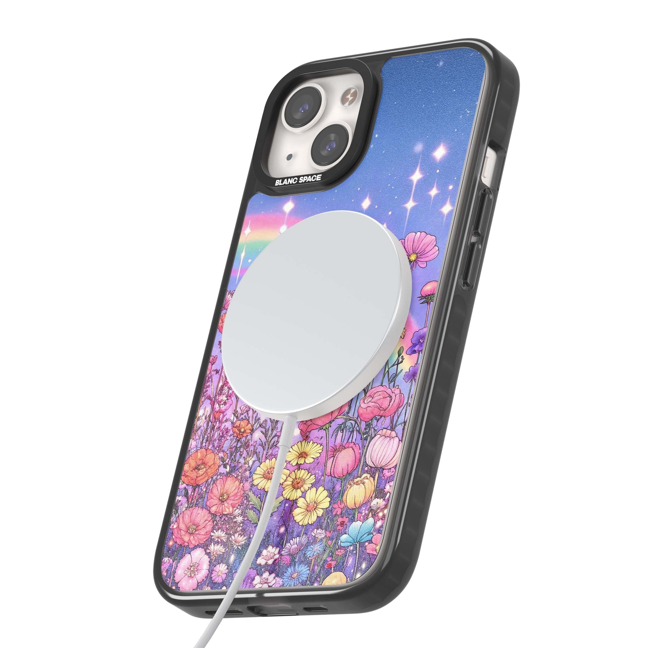 Magical Meadow fairycore iPhone case featuring a pastel rainbow, sparkling stars and a wildflower meadow | Black Impact Magsafe case for iPhone 13, iPhone 14, iPhone 15