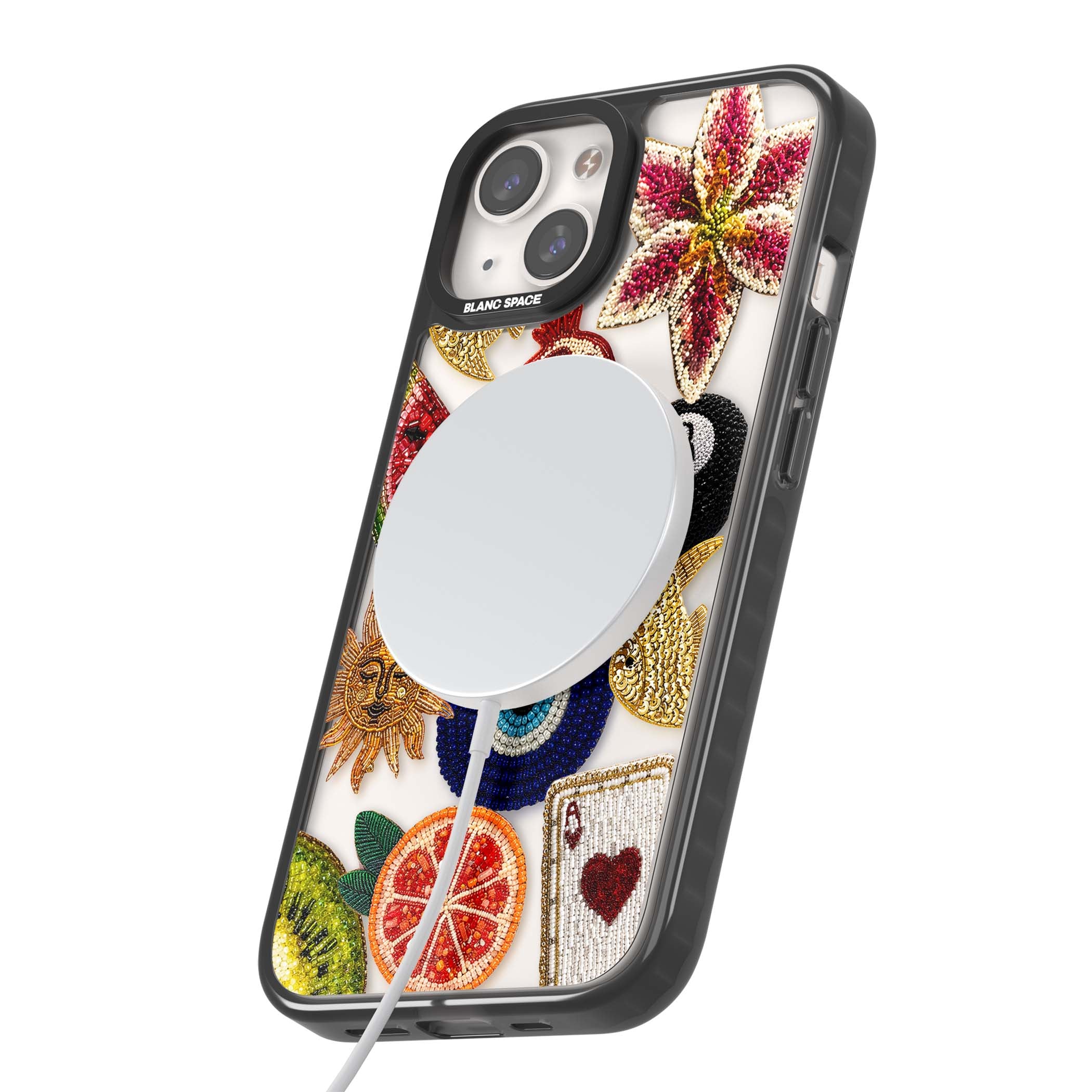 Beaded Charms embroidery iPhone case featuring beaded evil eye, fruit patches and a golden sun motif | Black Impact Magsafe case for iPhone 13, iPhone 14, iPhone 15