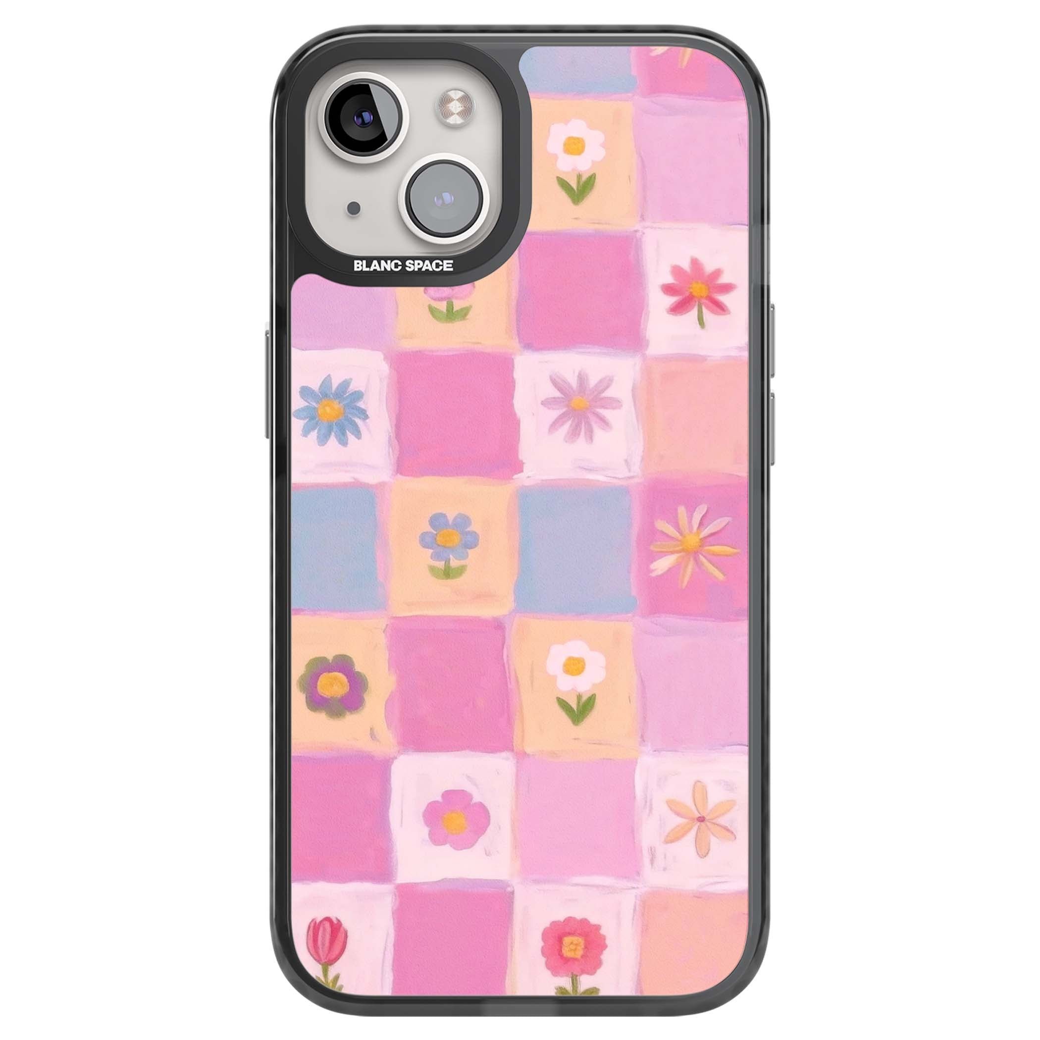 Pastel Flower Patchwork cottagecore iPhone case featuring painted pink and lilac squares with daisies and wildflowers | Black Impact Magsafe case for iPhone 13, iPhone 14, iPhone 15