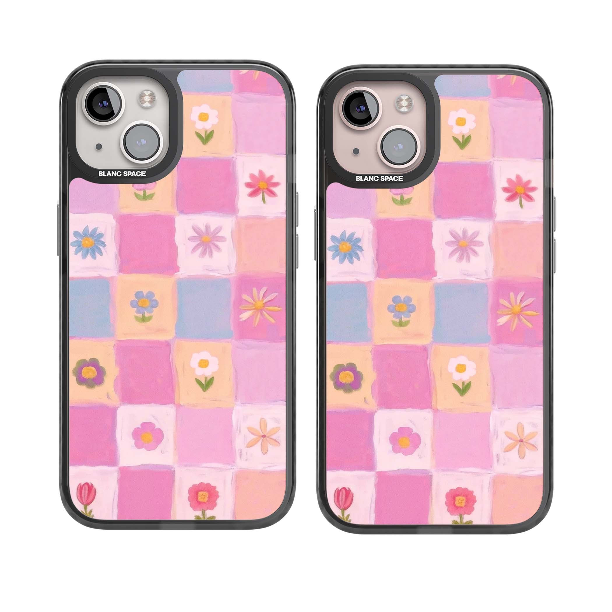Pastel Flower Patchwork cottagecore iPhone case featuring painted pink and lilac squares with daisies and wildflowers | Black Impact Magsafe case for iPhone 13, iPhone 14, iPhone 15