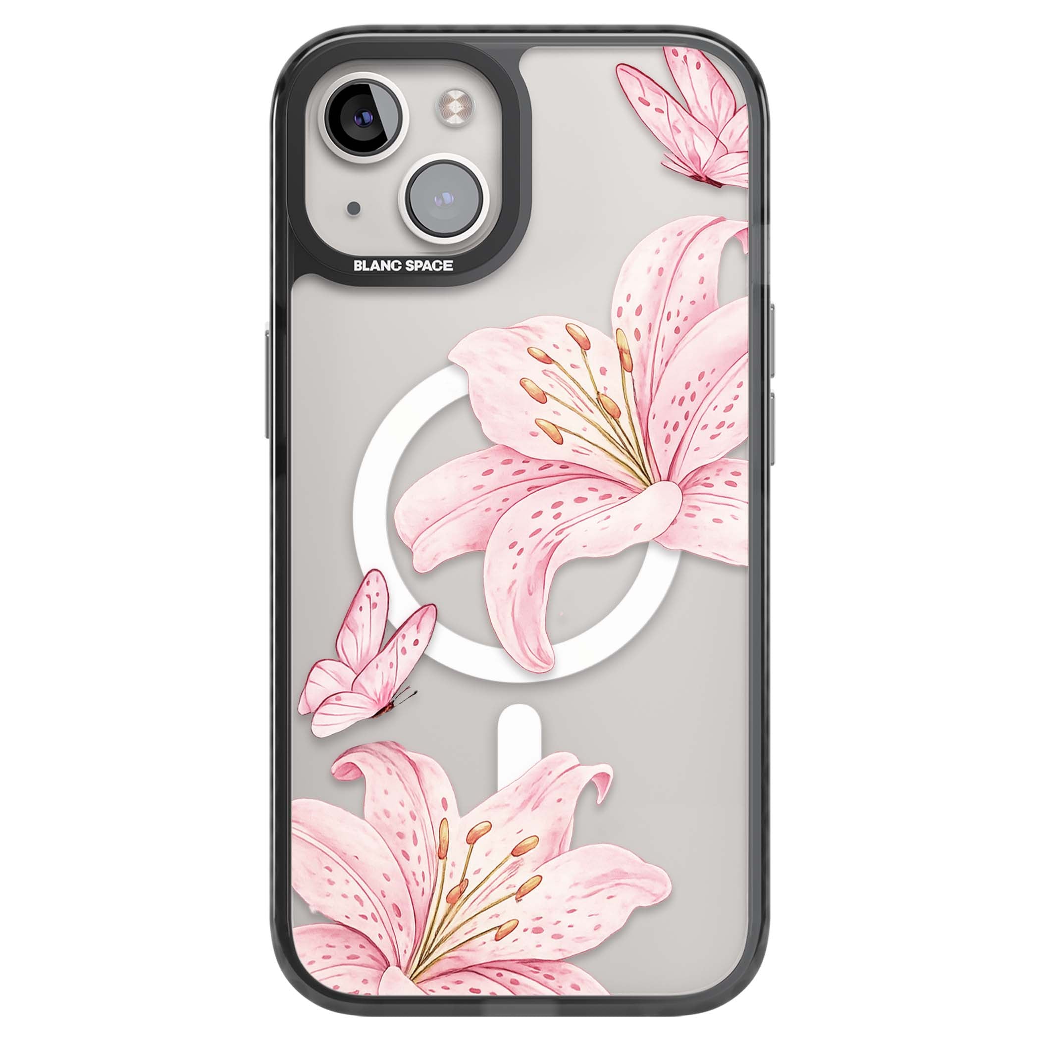 Lily Whisper floral iPhone case featuring pink watercolour lilies and delicate butterflies on a clear background | Black Impact Magsafe case for iPhone 13, iPhone 14, iPhone 15