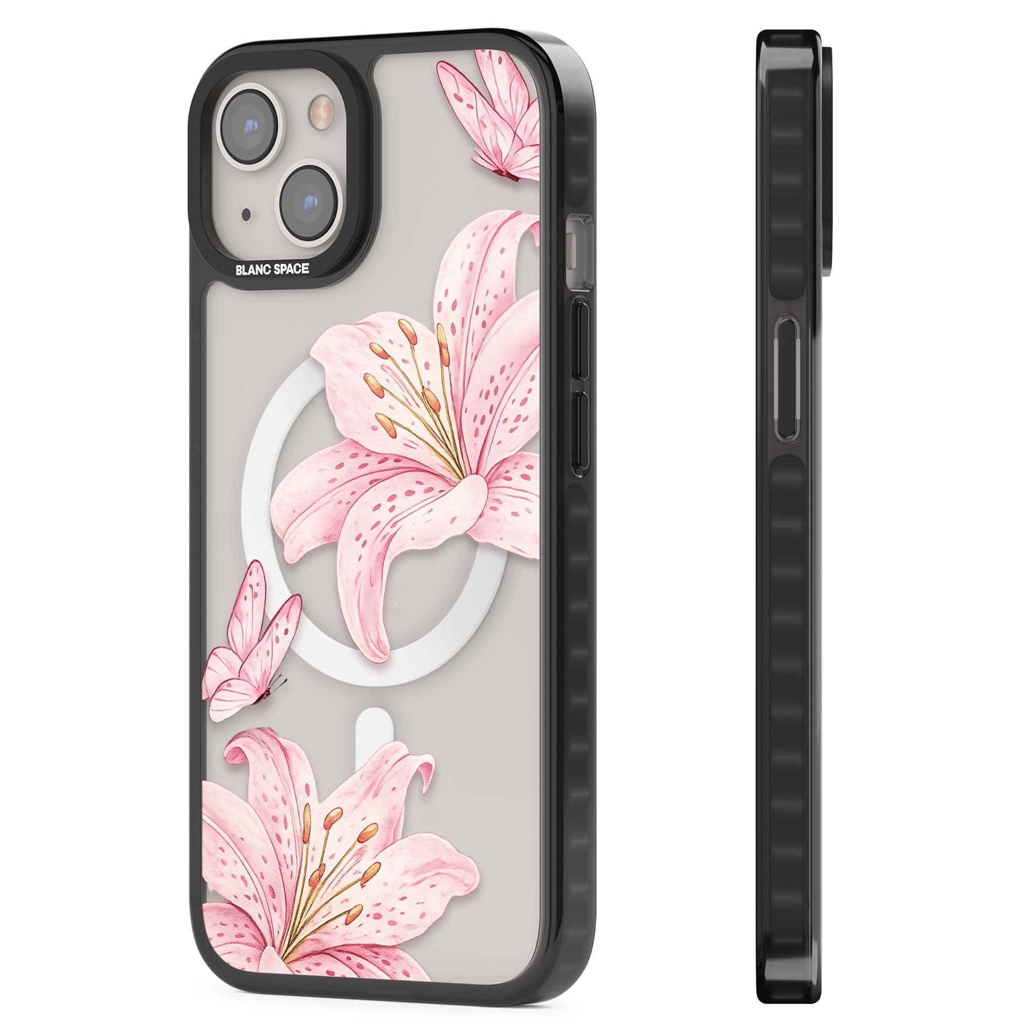 Lily Whisper floral iPhone case featuring pink watercolour lilies and delicate butterflies on a clear background | Black Impact Magsafe case for iPhone 13, iPhone 14, iPhone 15
