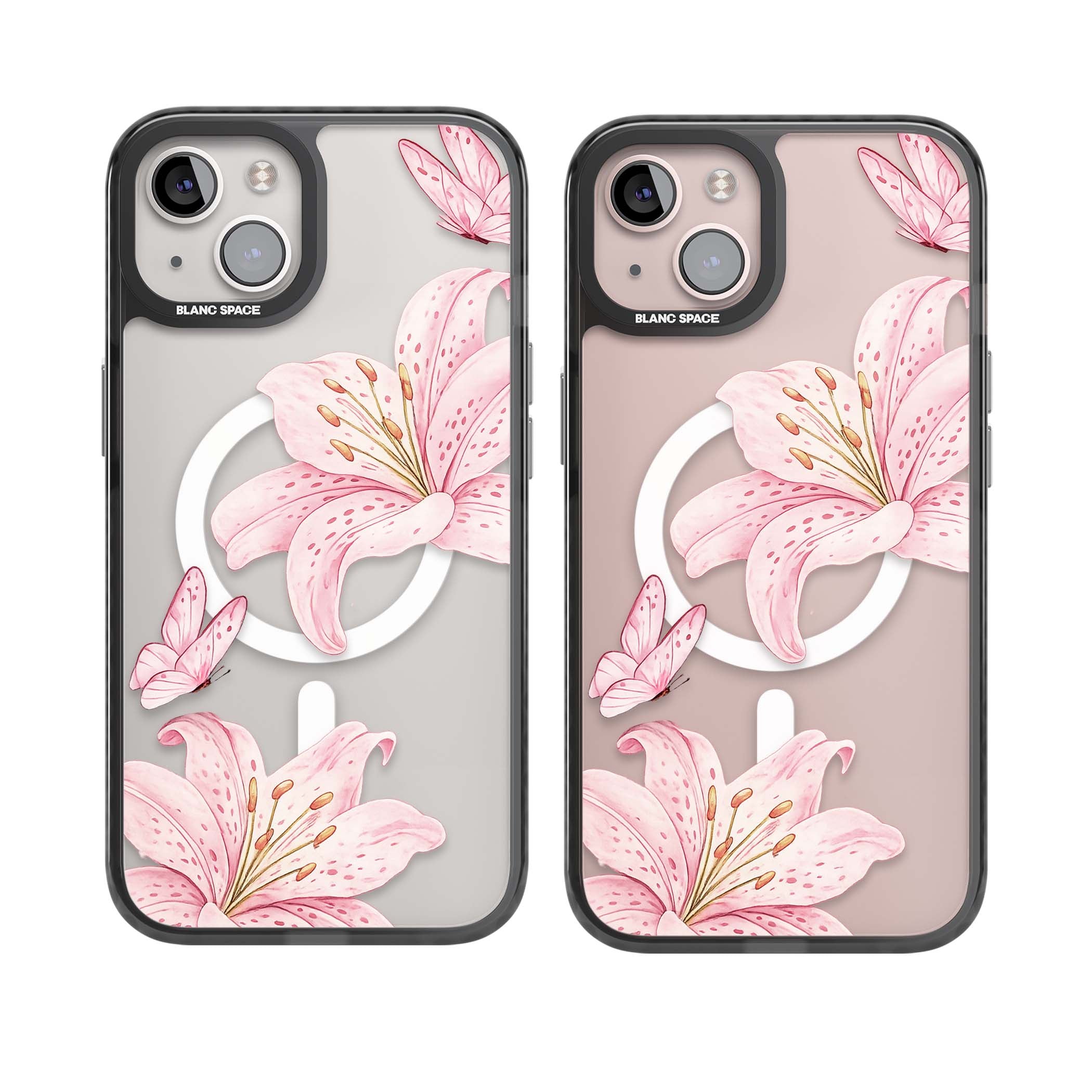 Lily Whisper floral iPhone case featuring pink watercolour lilies and delicate butterflies on a clear background | Black Impact Magsafe case for iPhone 13, iPhone 14, iPhone 15