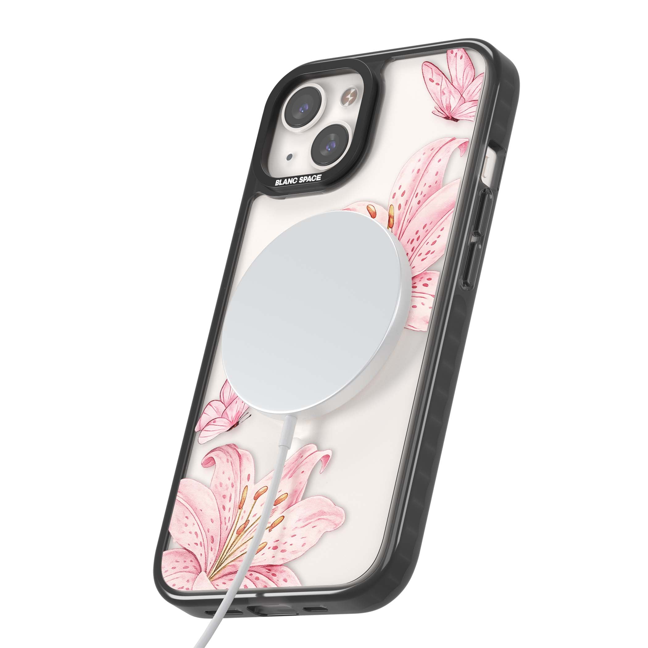 Lily Whisper floral iPhone case featuring pink watercolour lilies and delicate butterflies on a clear background | Black Impact Magsafe case for iPhone 13, iPhone 14, iPhone 15