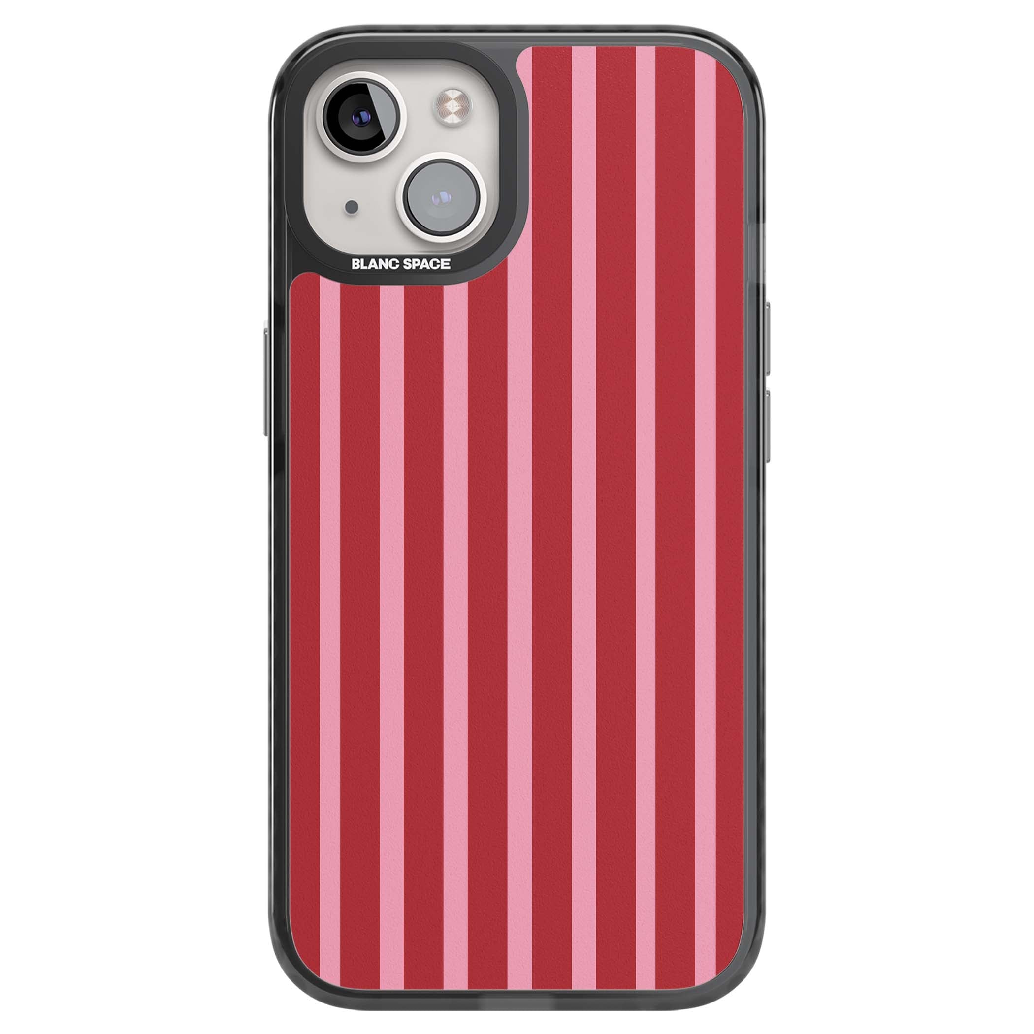 Raspberry Stripe coquette iPhone case featuring red and pink vertical stripes in a candy-inspired pattern | Black Impact Magsafe case for iPhone 13, iPhone 14, iPhone 15