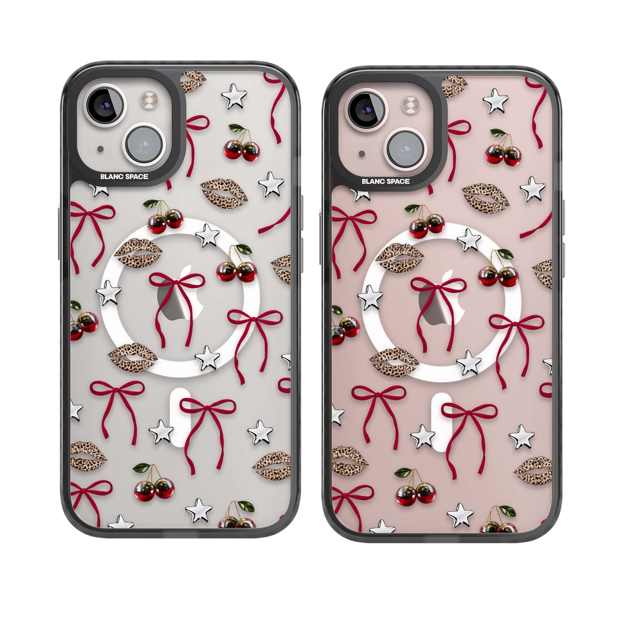 Starlet coquette iPhone case featuring red ribbon bows, disco cherries and leopard-print lips | Black Impact Magsafe case for iPhone 13, iPhone 14, iPhone 15