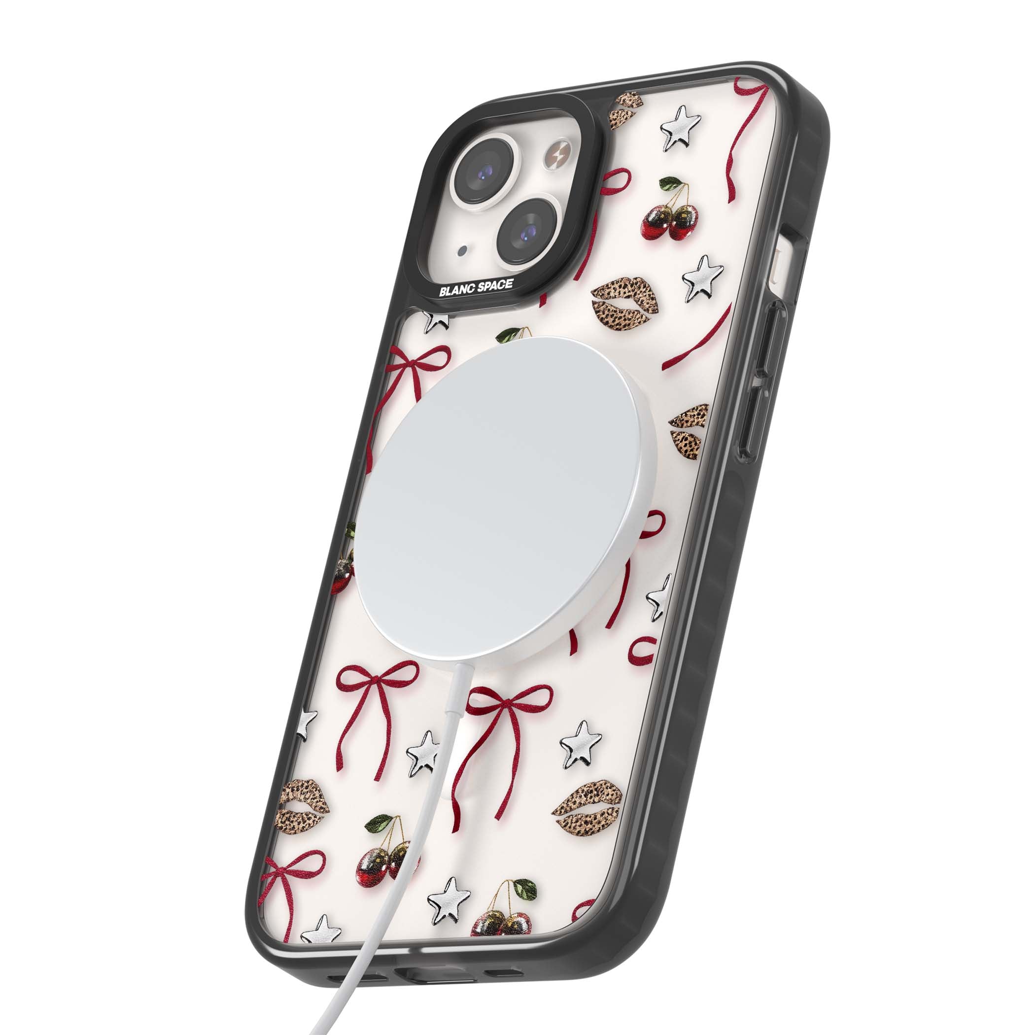 Starlet coquette iPhone case featuring red ribbon bows, disco cherries and leopard-print lips | Black Impact Magsafe case for iPhone 13, iPhone 14, iPhone 15