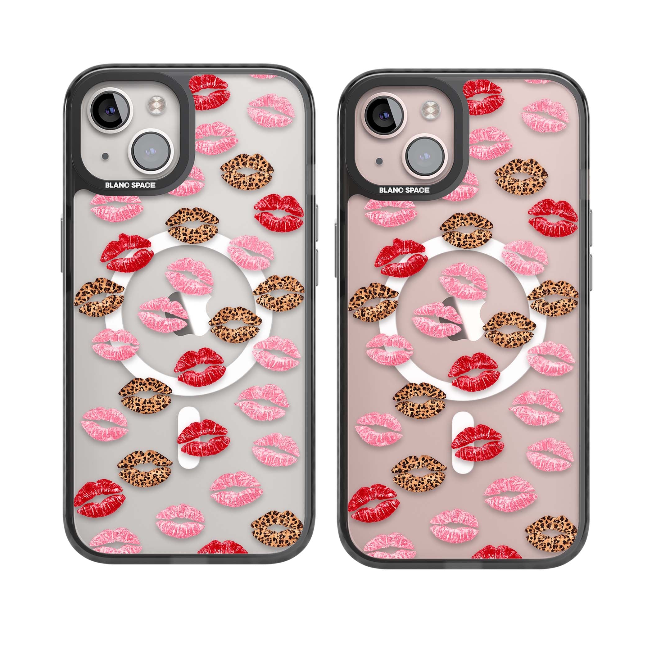 Wild Kisses coquette iPhone case featuring red, pink and leopard print lipstick kiss marks on a clear background | Black Impact Magsafe case for iPhone 13, iPhone 14, iPhone 15