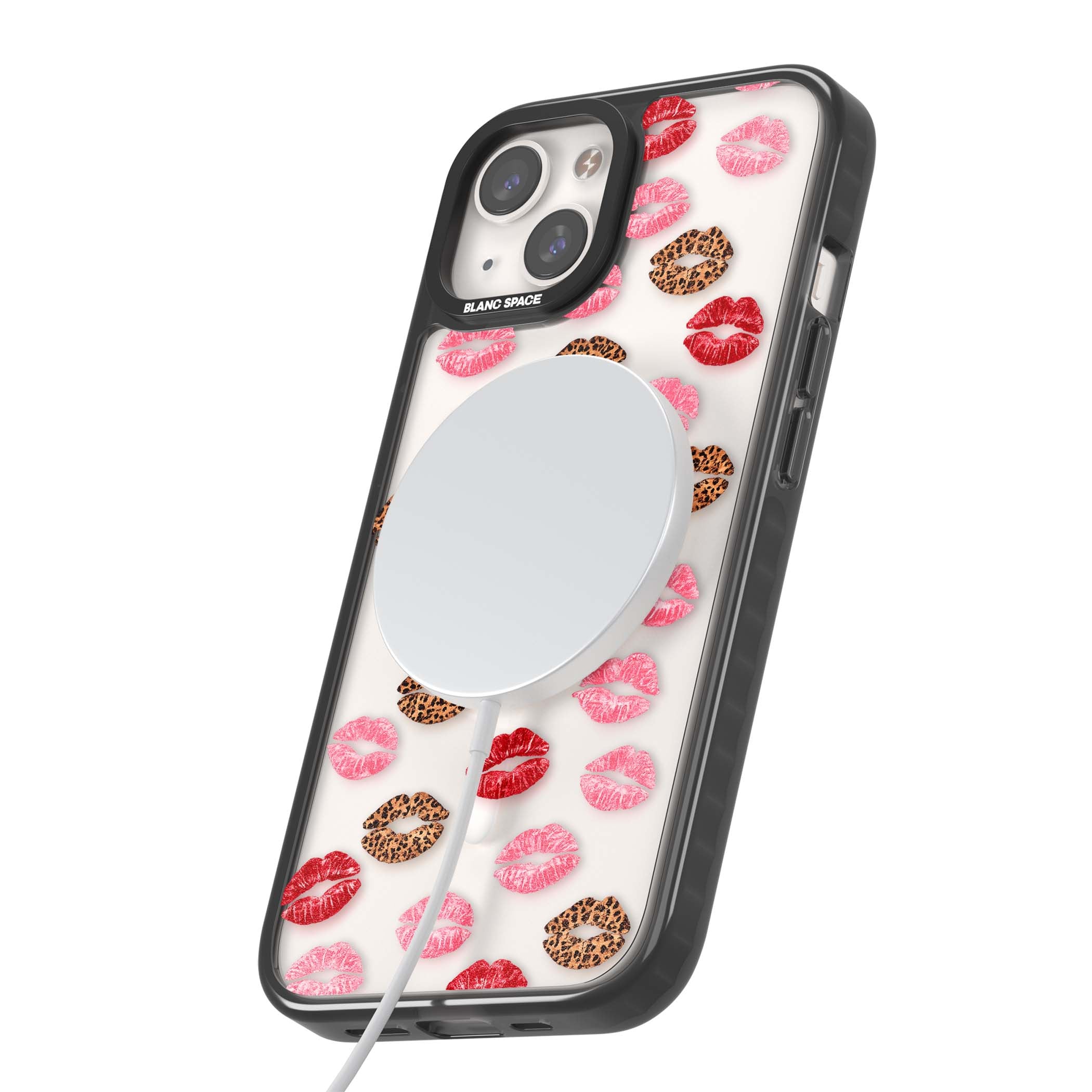 Wild Kisses coquette iPhone case featuring red, pink and leopard print lipstick kiss marks on a clear background | Black Impact Magsafe case for iPhone 13, iPhone 14, iPhone 15