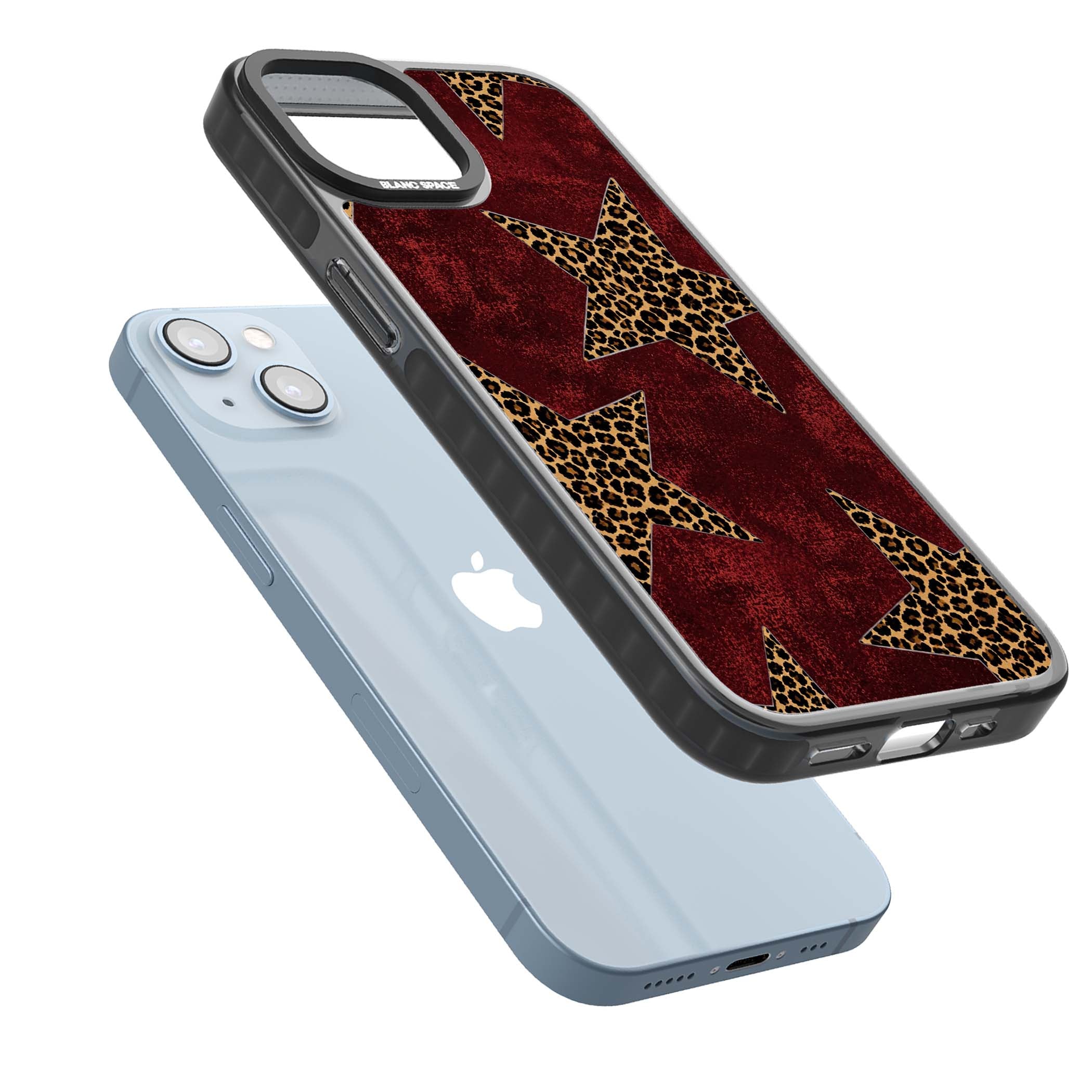 Showgirl leopard print iPhone case featuring cheetah print stars on distressed red grunge background | Black Impact Magsafe case for iPhone 13, iPhone 14, iPhone 15