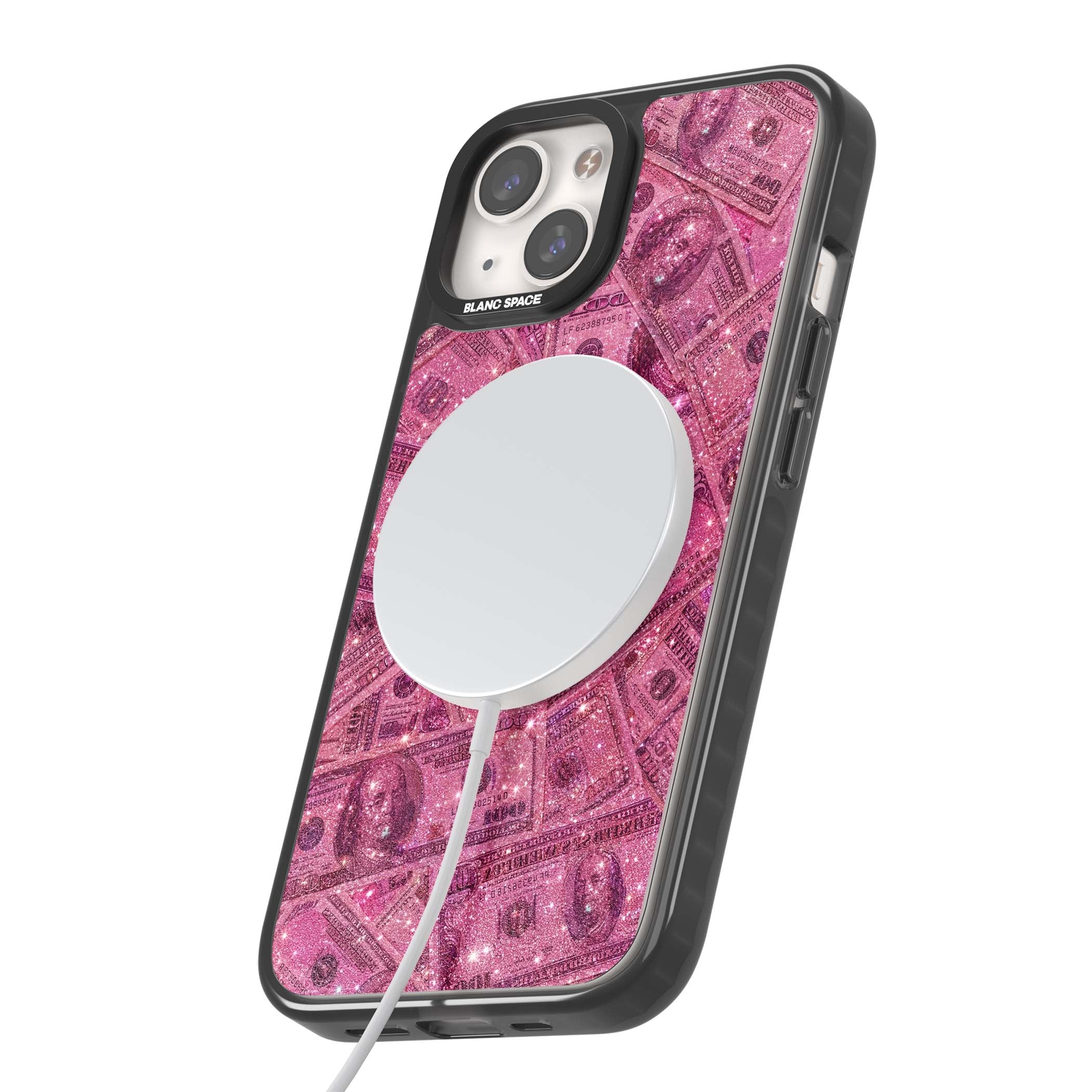Glamorous baddie iPhone case featuring pink glitter hundred dollar bills and sparkling money wallpaper design | Black Impact Magsafe case for iPhone 13, iPhone 14, iPhone 15