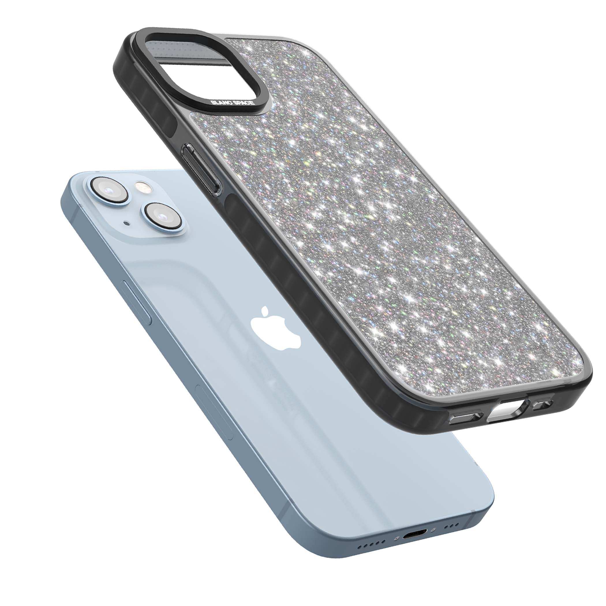 Diamond glam iPhone case featuring silver glitter sparkle and shimmering diamond dust effect | Black Impact Magsafe case for iPhone 13, iPhone 14, iPhone 15