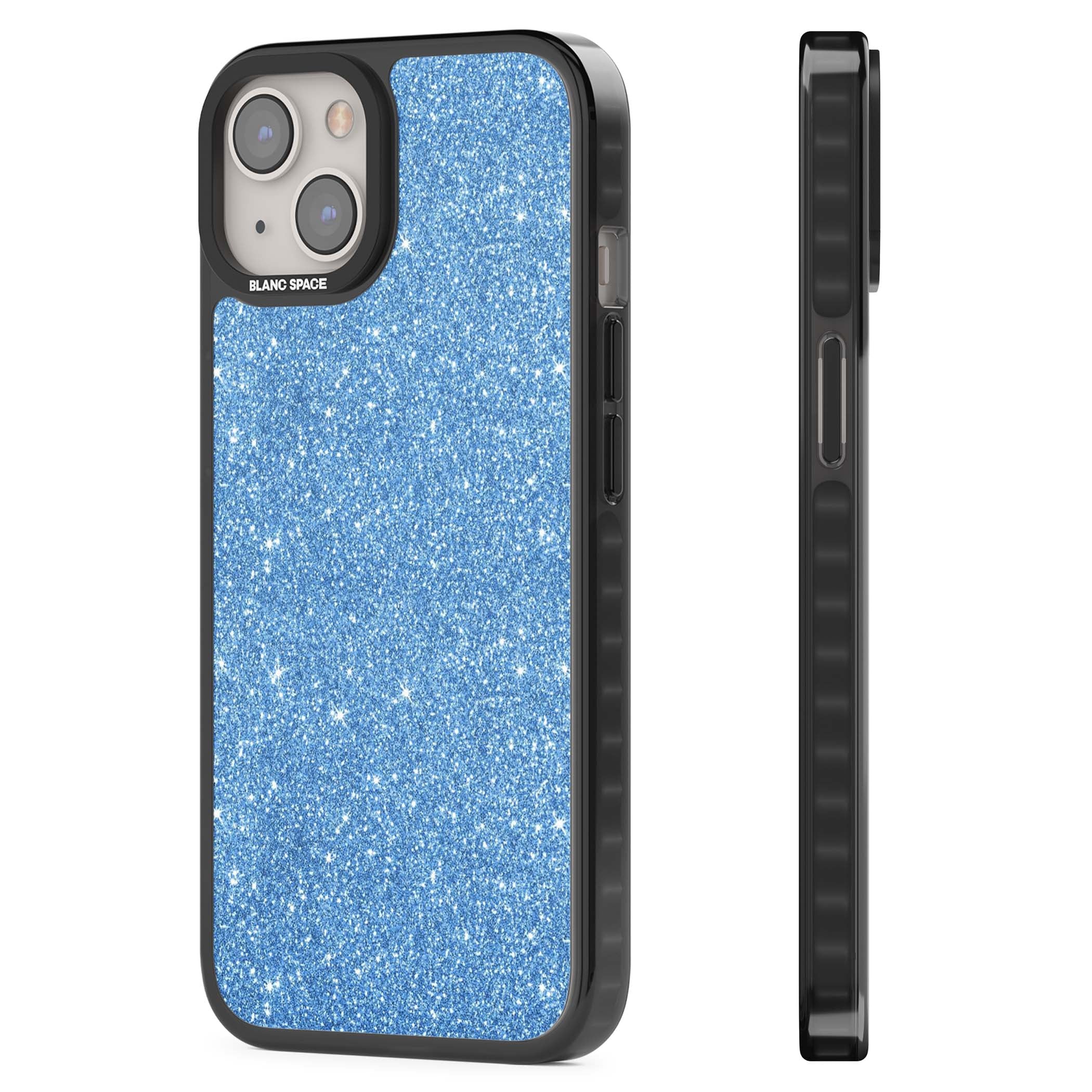 Blue Glitter blue glitter iPhone case featuring dense sparkling cerulean glitter with a glamorous shimmering finish | Black Impact Magsafe case for iPhone 13, iPhone 14, iPhone 15