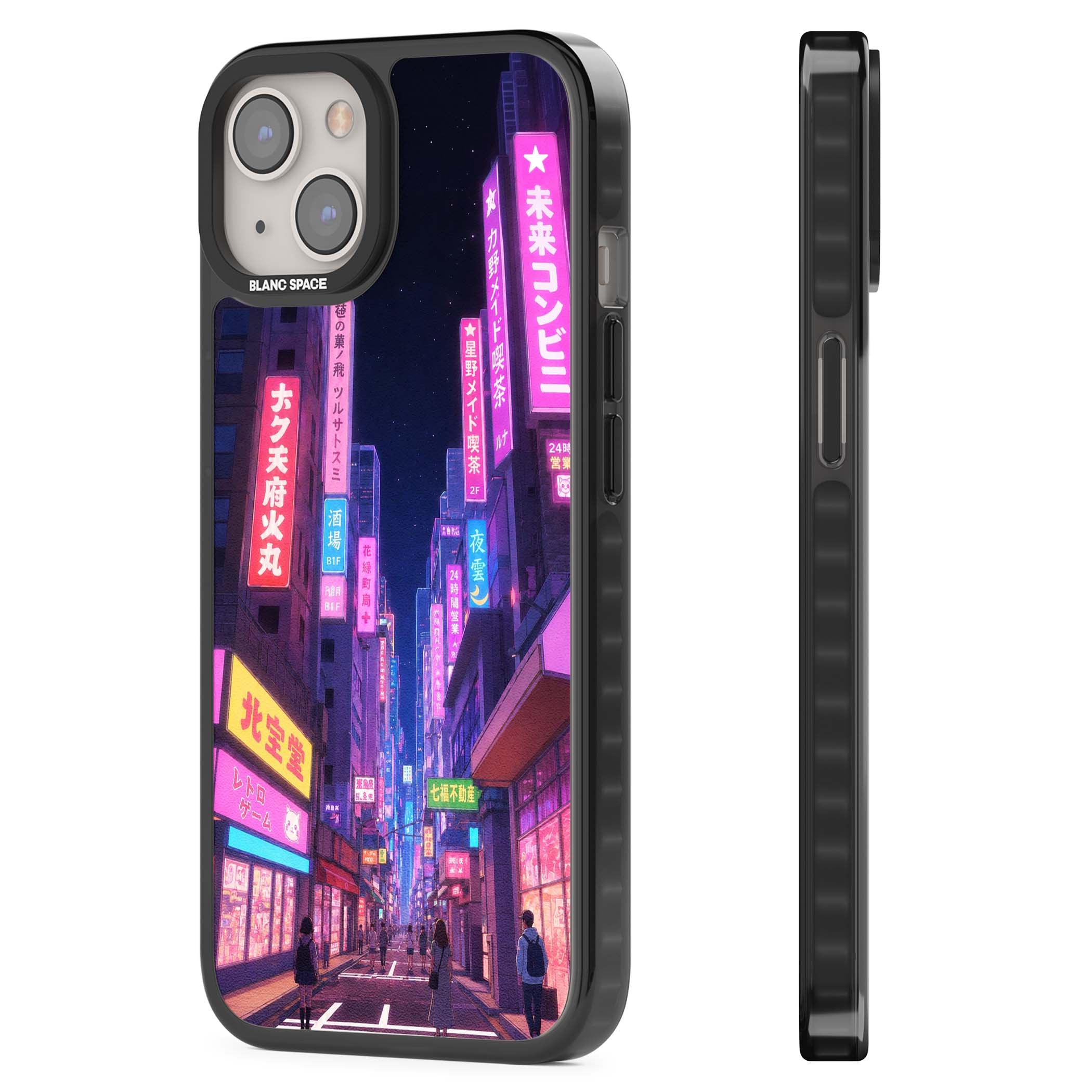 Shibuya At Night Japanese neon city iPhone case featuring glowing kanji signs, pink storefronts and a Tokyo street at n | Black Impact Magsafe case for iPhone 13, iPhone 14, iPhone 15