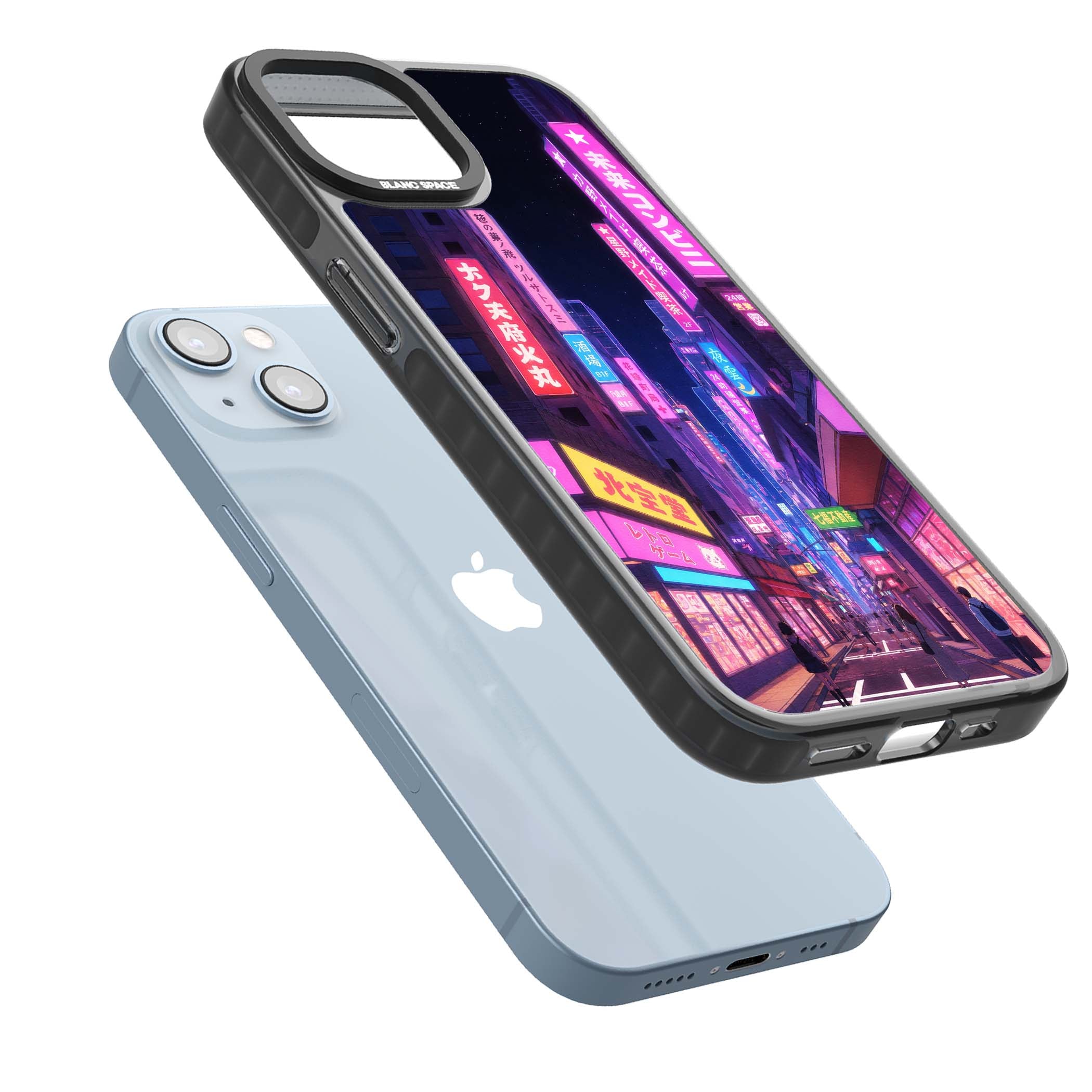 Shibuya At Night Japanese neon city iPhone case featuring glowing kanji signs, pink storefronts and a Tokyo street at n | Black Impact Magsafe case for iPhone 13, iPhone 14, iPhone 15