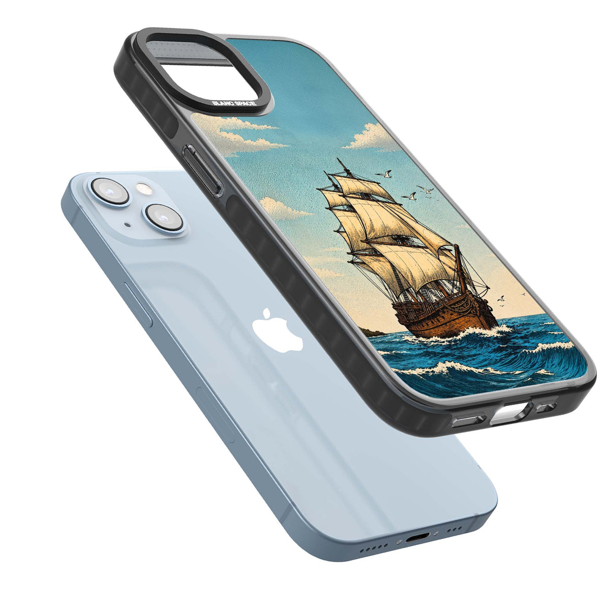 Ship at Sea nautical iPhone case featuring a vintage tall ship, ocean waves and seagulls | Black Impact Magsafe case for iPhone 13, iPhone 14, iPhone 15