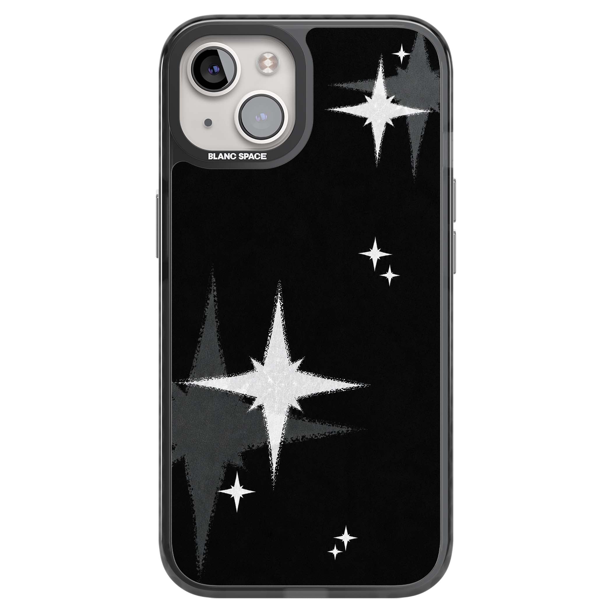Black Sparkle celestial iPhone case featuring white sparkle stars on a black night sky background | Black Impact Magsafe case for iPhone 13, iPhone 14, iPhone 15