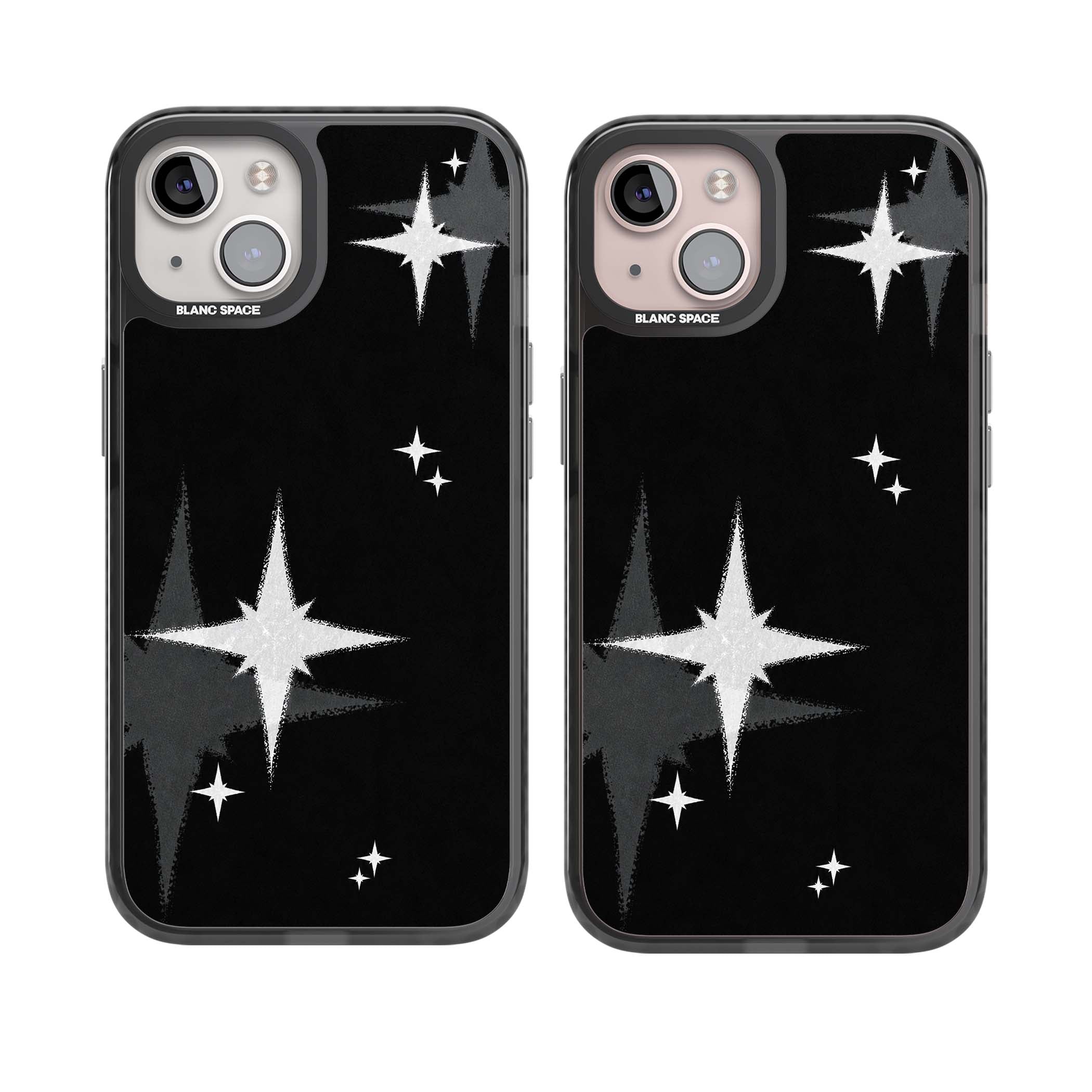Black Sparkle celestial iPhone case featuring white sparkle stars on a black night sky background | Black Impact Magsafe case for iPhone 13, iPhone 14, iPhone 15