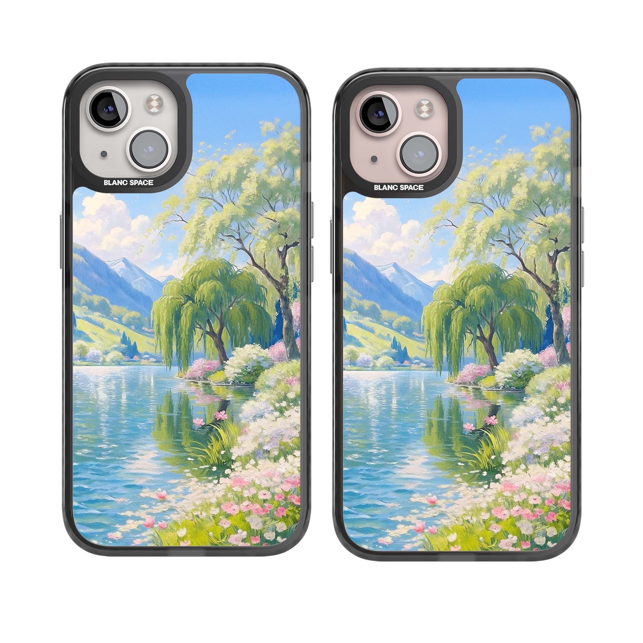 Willow Lake cottagecore iPhone case featuring a painted lakeside with weeping willow, blossoms and distant mountains | Black Impact Magsafe case for iPhone 13, iPhone 14, iPhone 15