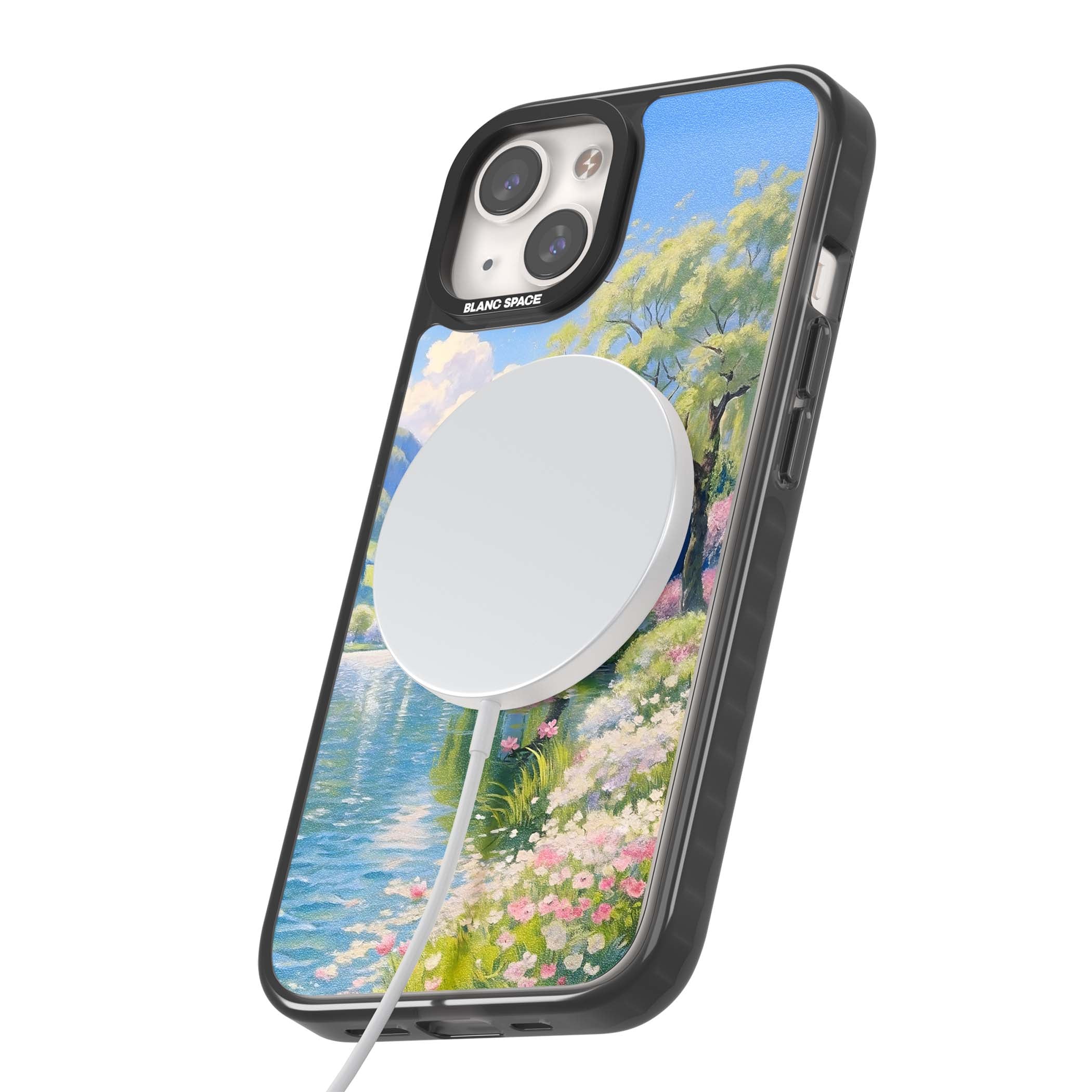 Willow Lake cottagecore iPhone case featuring a painted lakeside with weeping willow, blossoms and distant mountains | Black Impact Magsafe case for iPhone 13, iPhone 14, iPhone 15