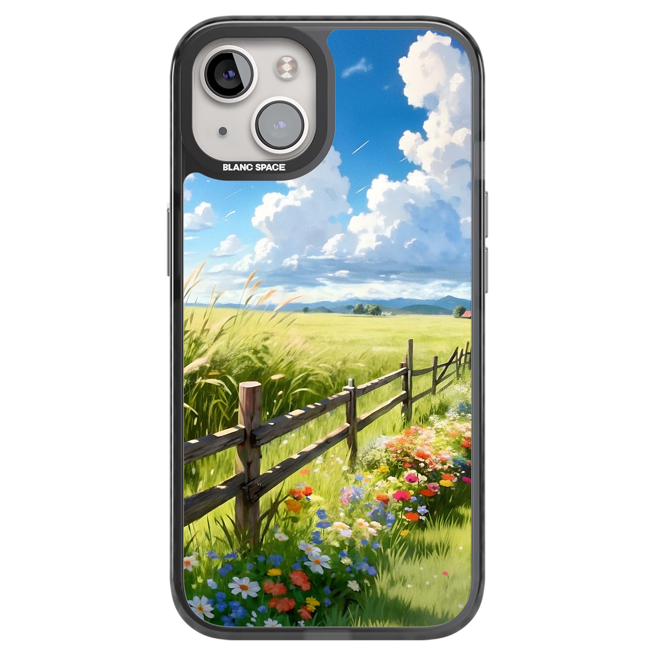 A Countryside Afternoon cottagecore iPhone case featuring a painted countryside meadow, wooden fence, and wildflowers beneath | Black Impact Magsafe case for iPhone 13, iPhone 14, iPhone 15